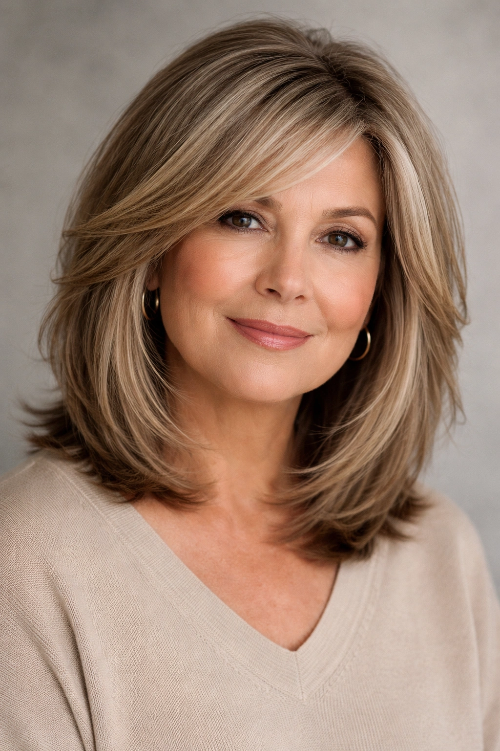 20 Haircuts For Women Over 60 By Face Shape 7 Layered lob hairstyle with face-framing pieces on a round-faced model