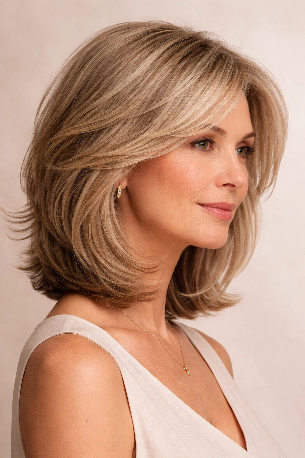 Side-profile portrait of a woman with a classic layered lob hairstyle.