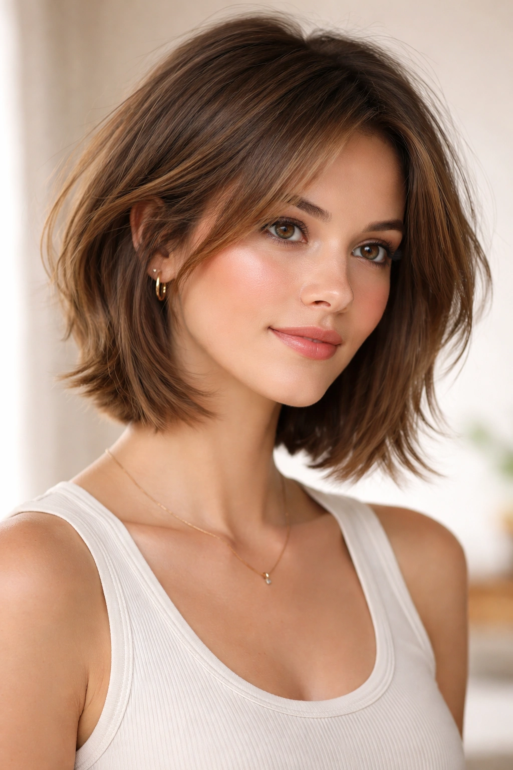 12 Chin Length Bobs That Suit Every Face Shape 4 Model with layered lob hairstyle showing crown layers and face-framing pieces