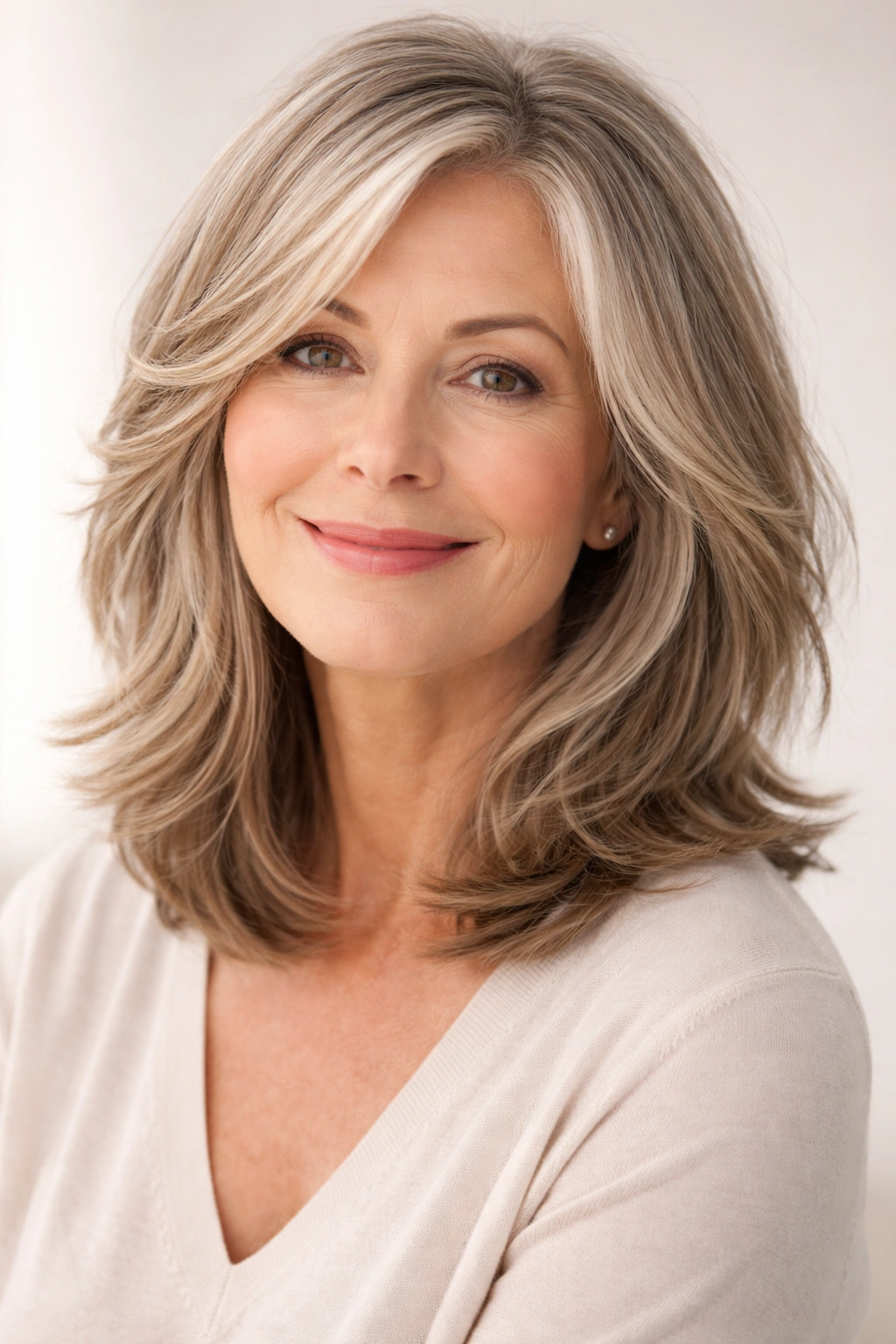 Layered long bob on a mature woman with shoulder-length waves