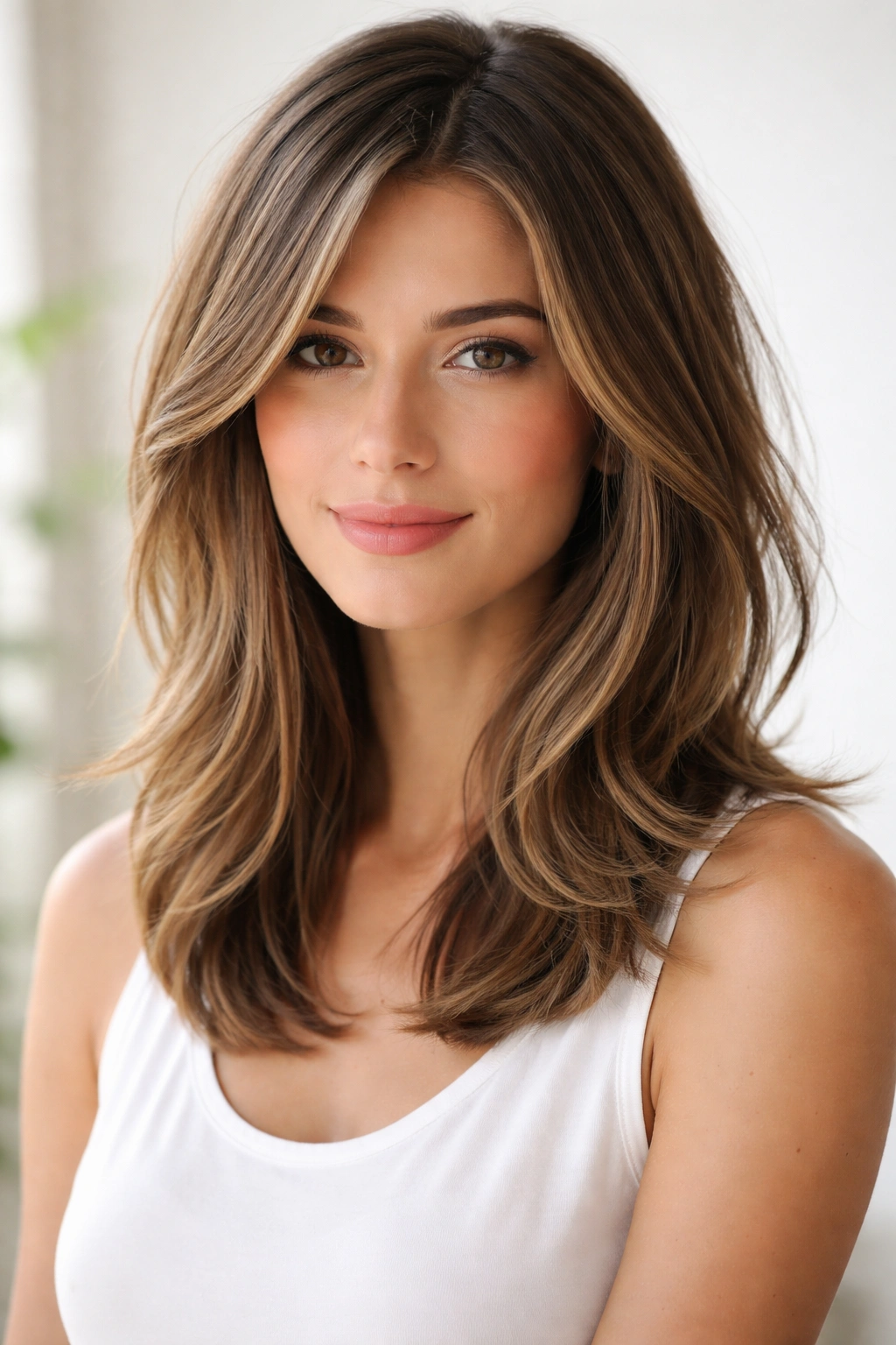 Layered long bob with collarbone-length hair and visible layers.