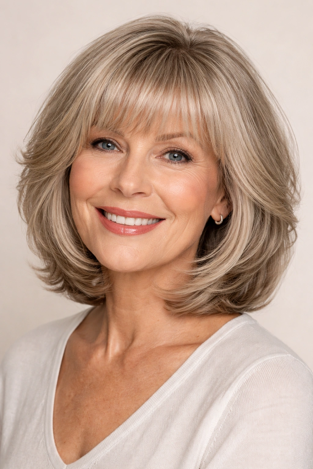 Senior woman with layered lob and rounded bangs