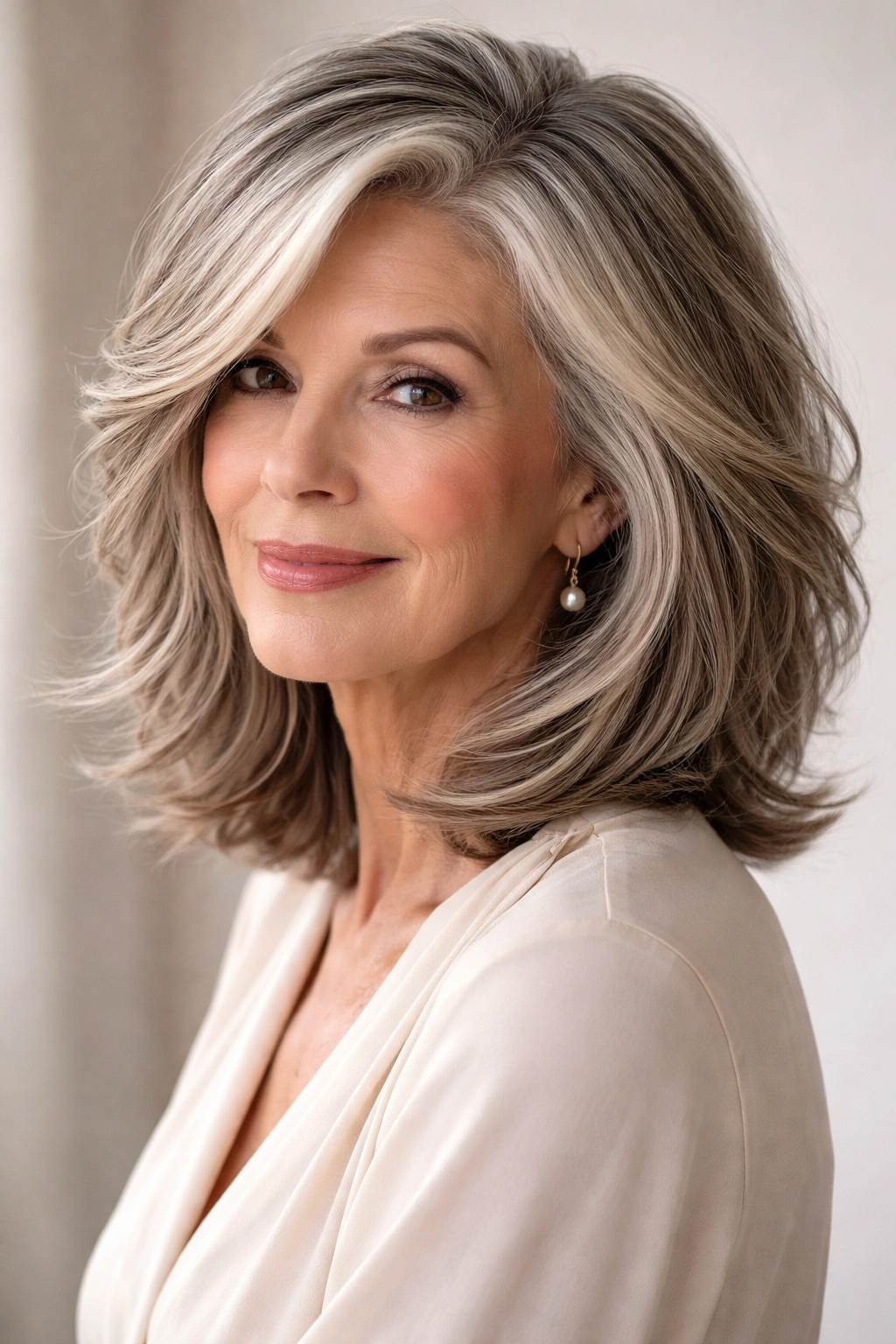 Layered lob with deep side part showing voluminous textured hair for thick hair