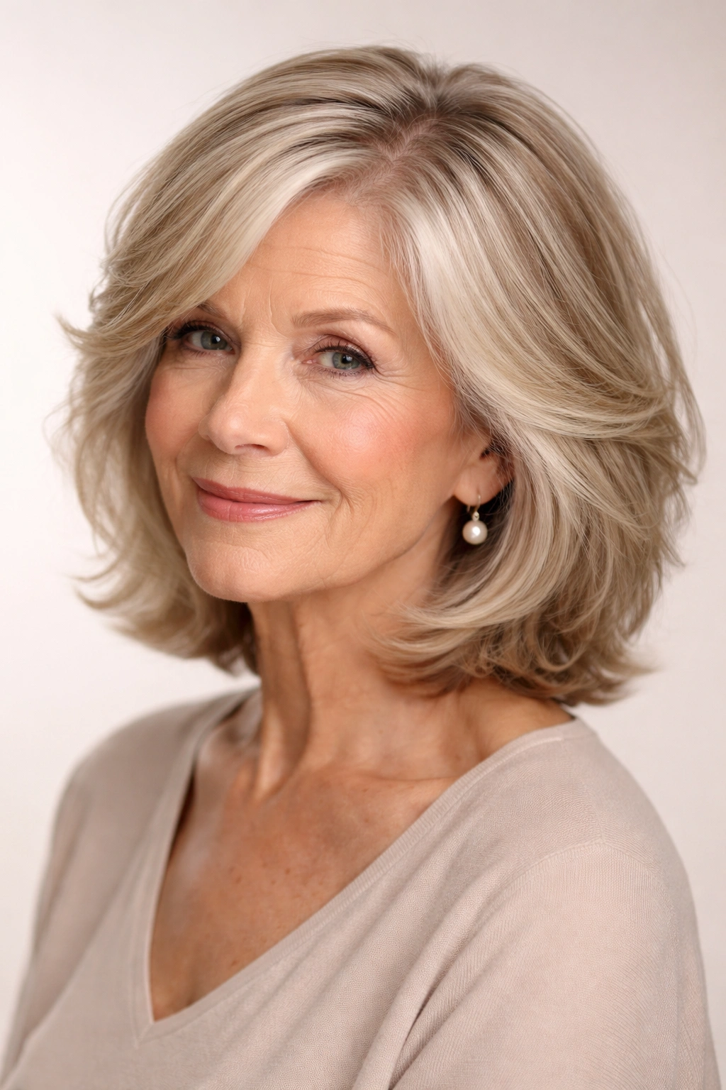 Shoulder-length layered lob with a side part on an elderly woman