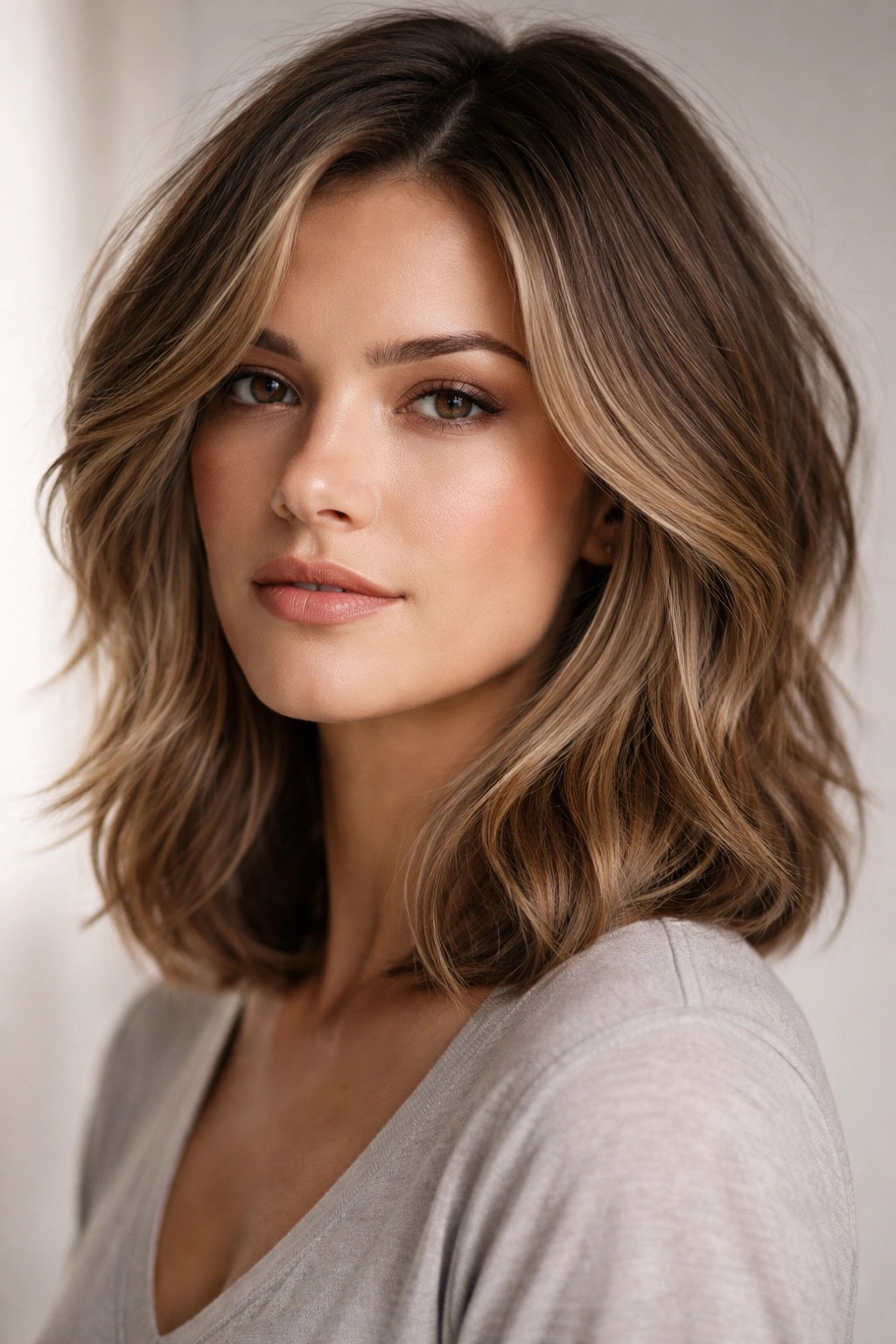 20 Haircuts Matched To Your Face Shape Perfectly 7 Layered lob hairstyle on shoulder-length hair framing a square jaw