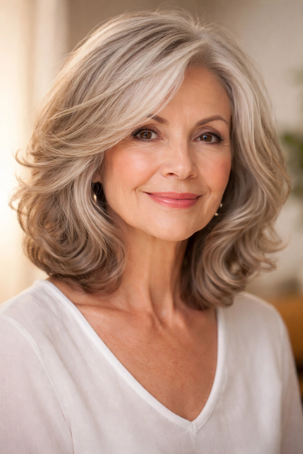 Layered long bob with subtle curls adding volume