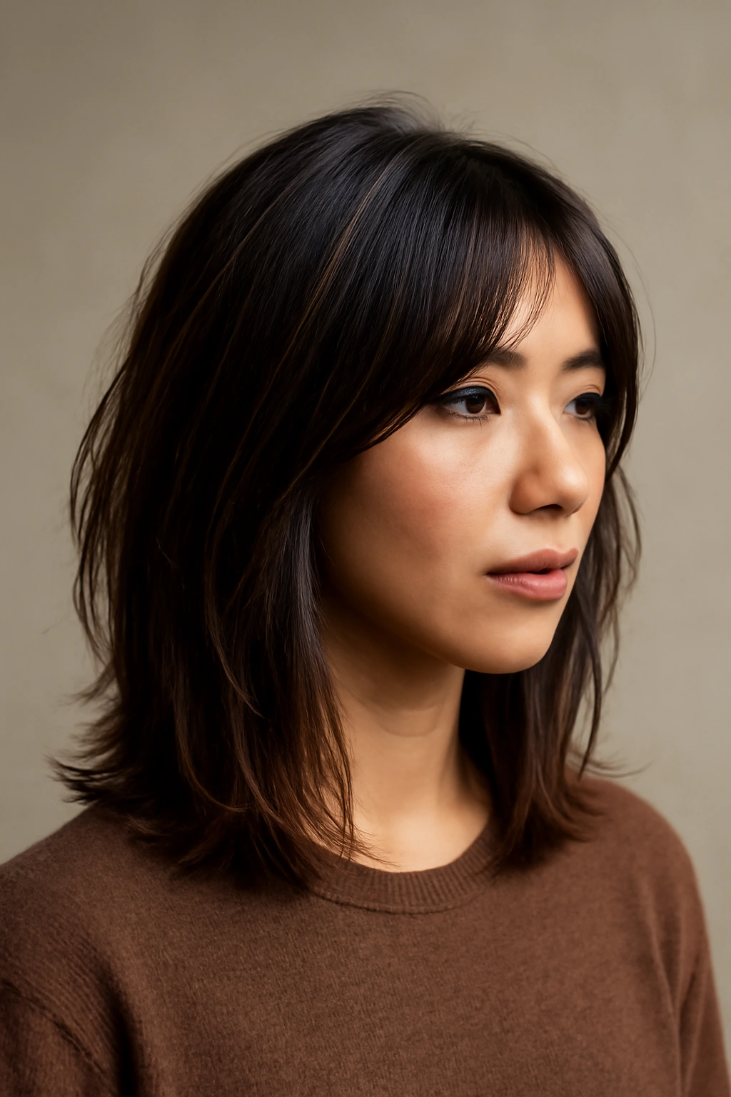 12 Japanese Hairstyles That Are Trending Right Now 8 Layered lob hairstyle with textured ends and shoulder-length silhouette in studio lighting.