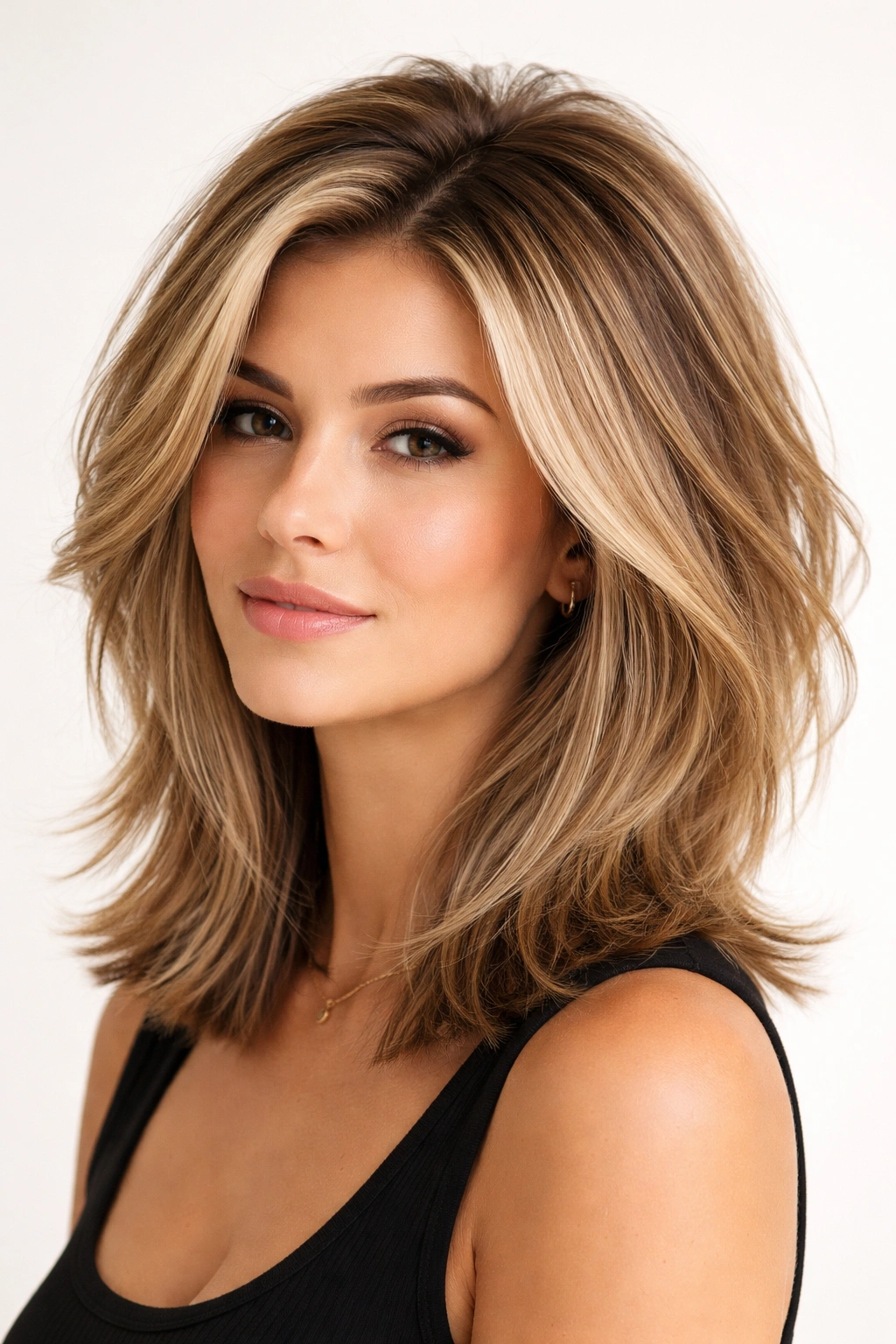 Shoulder-length layered lob with volume at the crown
