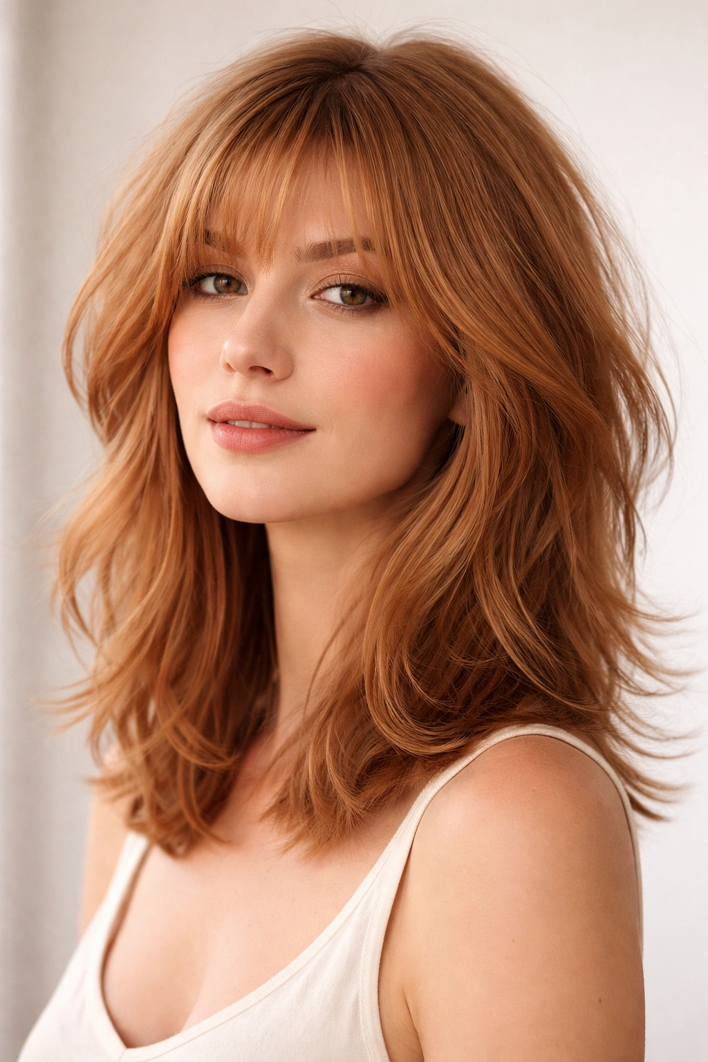 Layered lob with wispy bangs in strawberry blonde showing soft movement