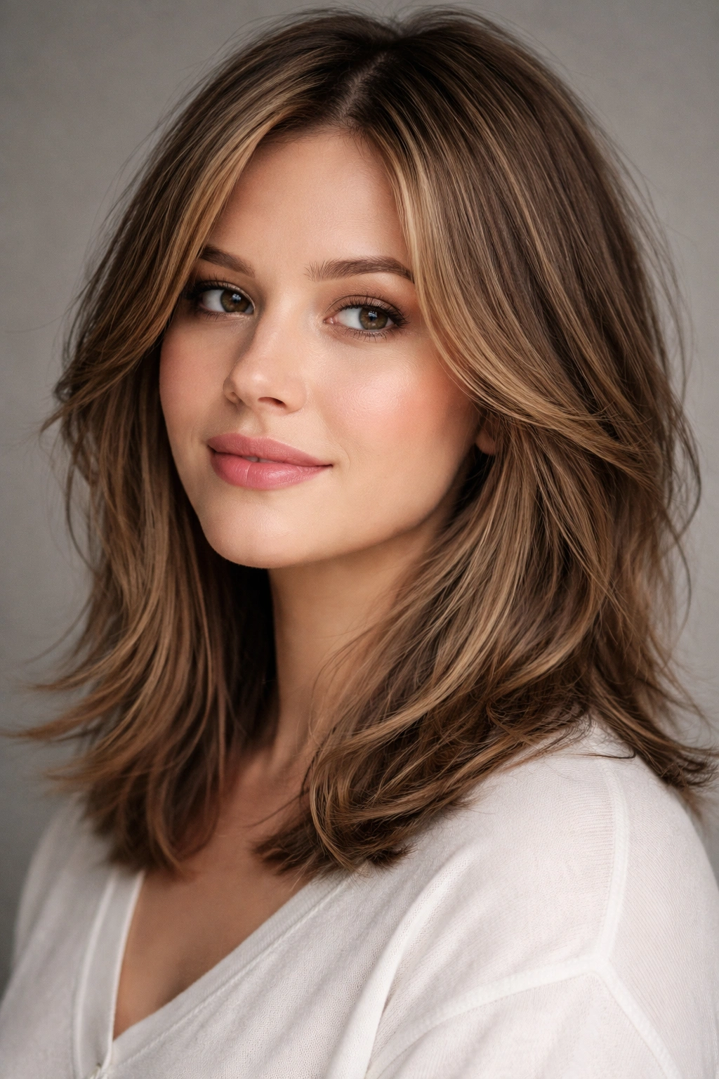 Close-up of layered lob with wispy ends flattering fuller faces