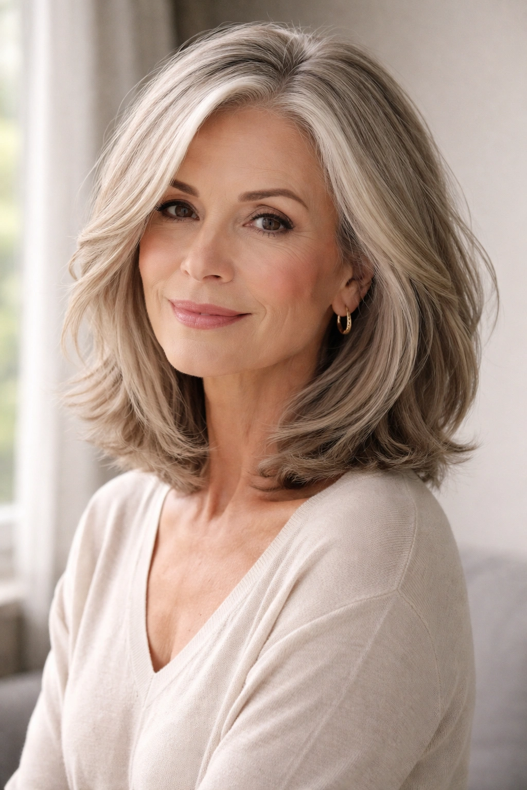 Layered long bob with jaw-length layers on a mature woman