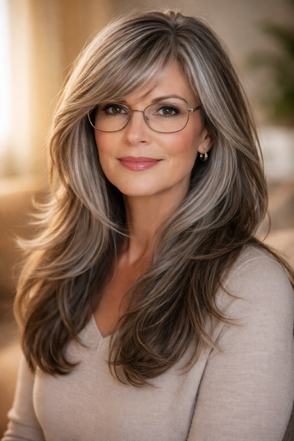 Medium shot of a woman with layered long hair and side bangs wearing glasses