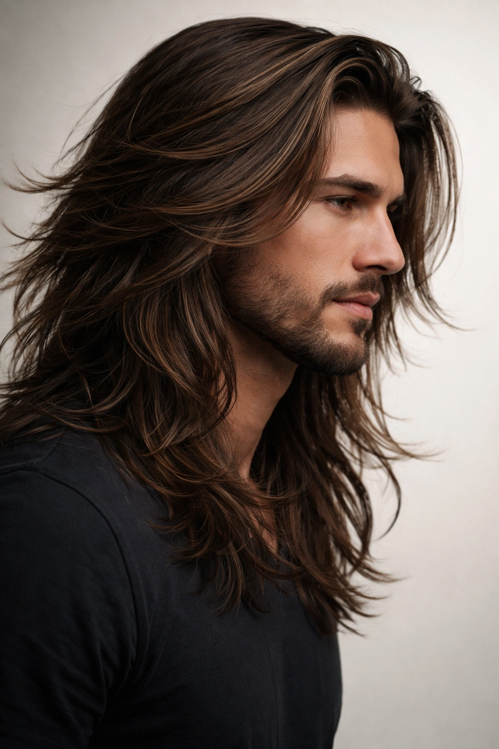 Side view of layered long hair with texture and movement