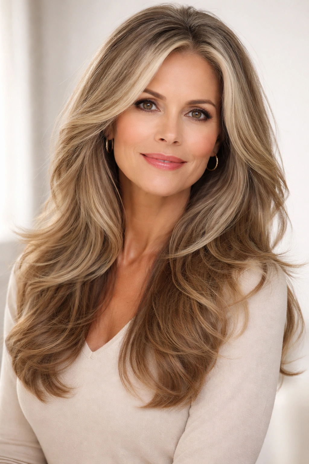 Long layered hair with soft waves framing the face.