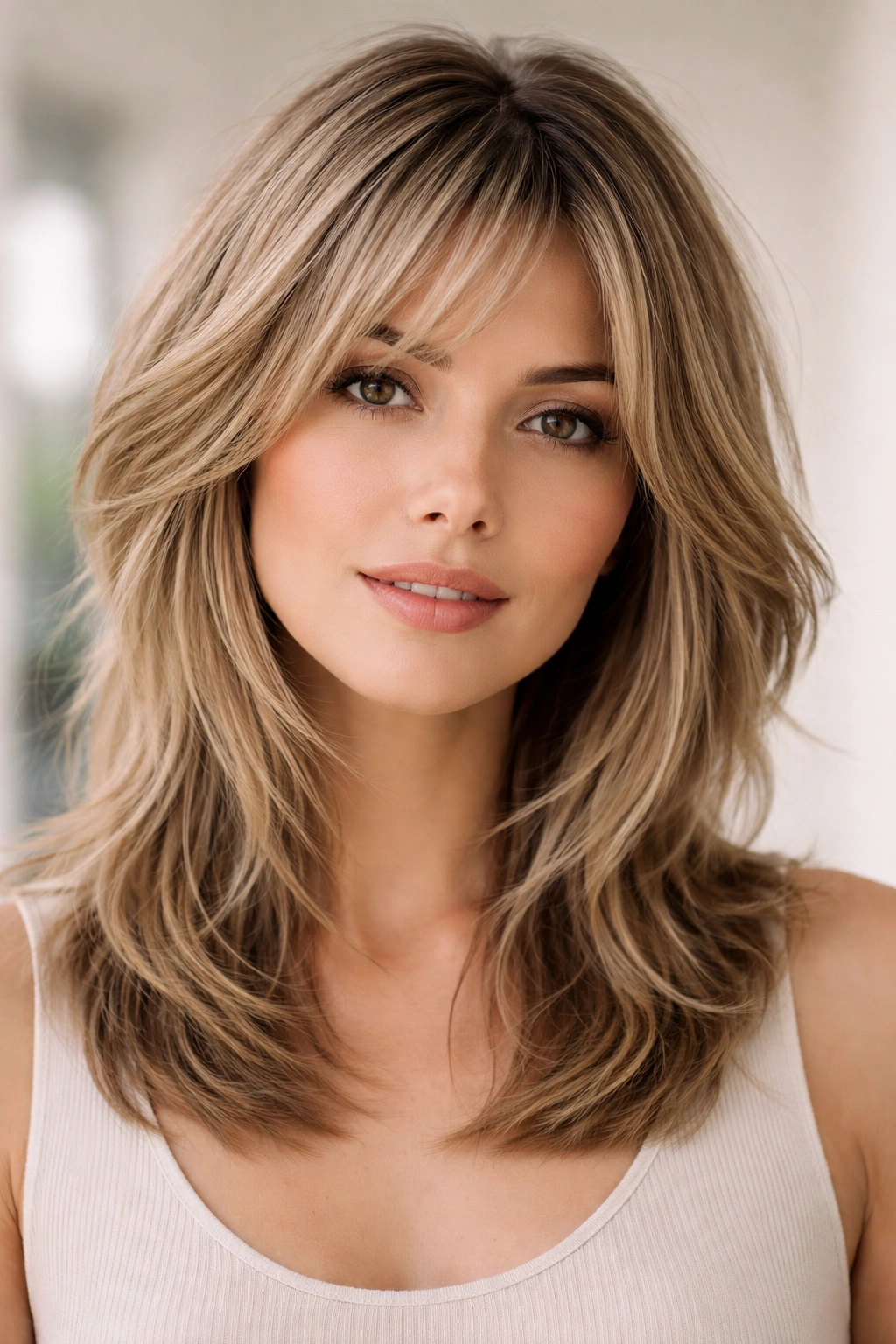 Shoulder-length layered cut with choppy top and tapered ends