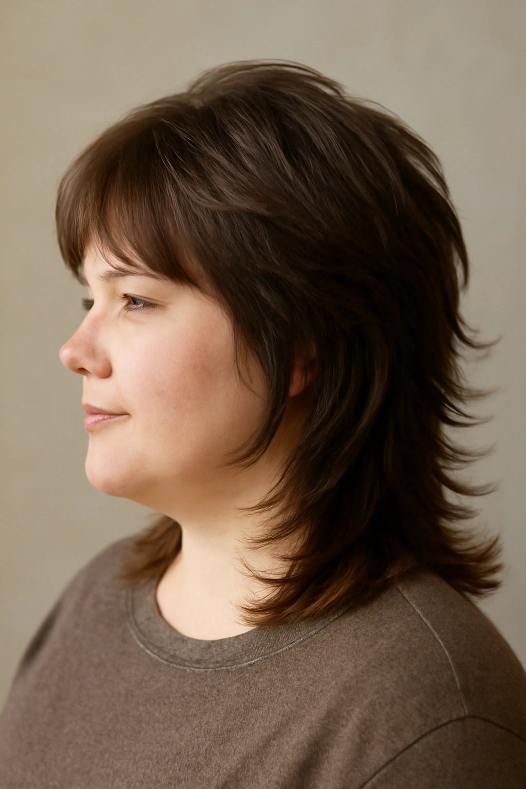 10 Flattering Mullet Haircuts for Plus Size Women 5 Portrait of a plus-size woman with a layered mullet and feathered ends for soft movement
