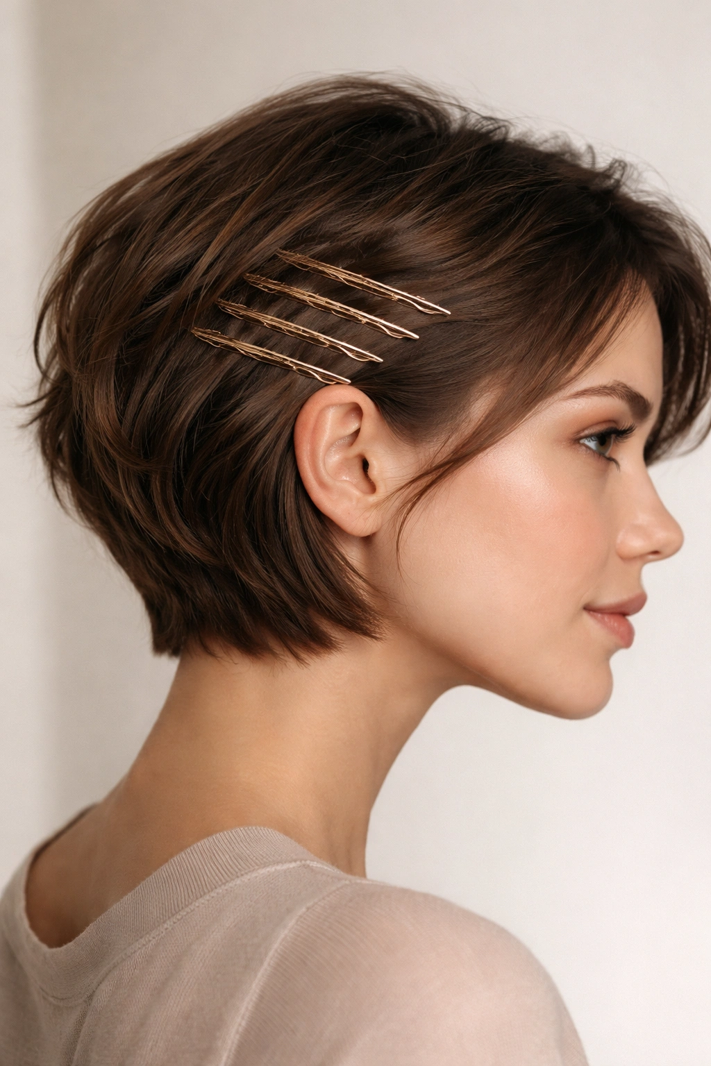 Close-up profile of layered pins along the side of the head