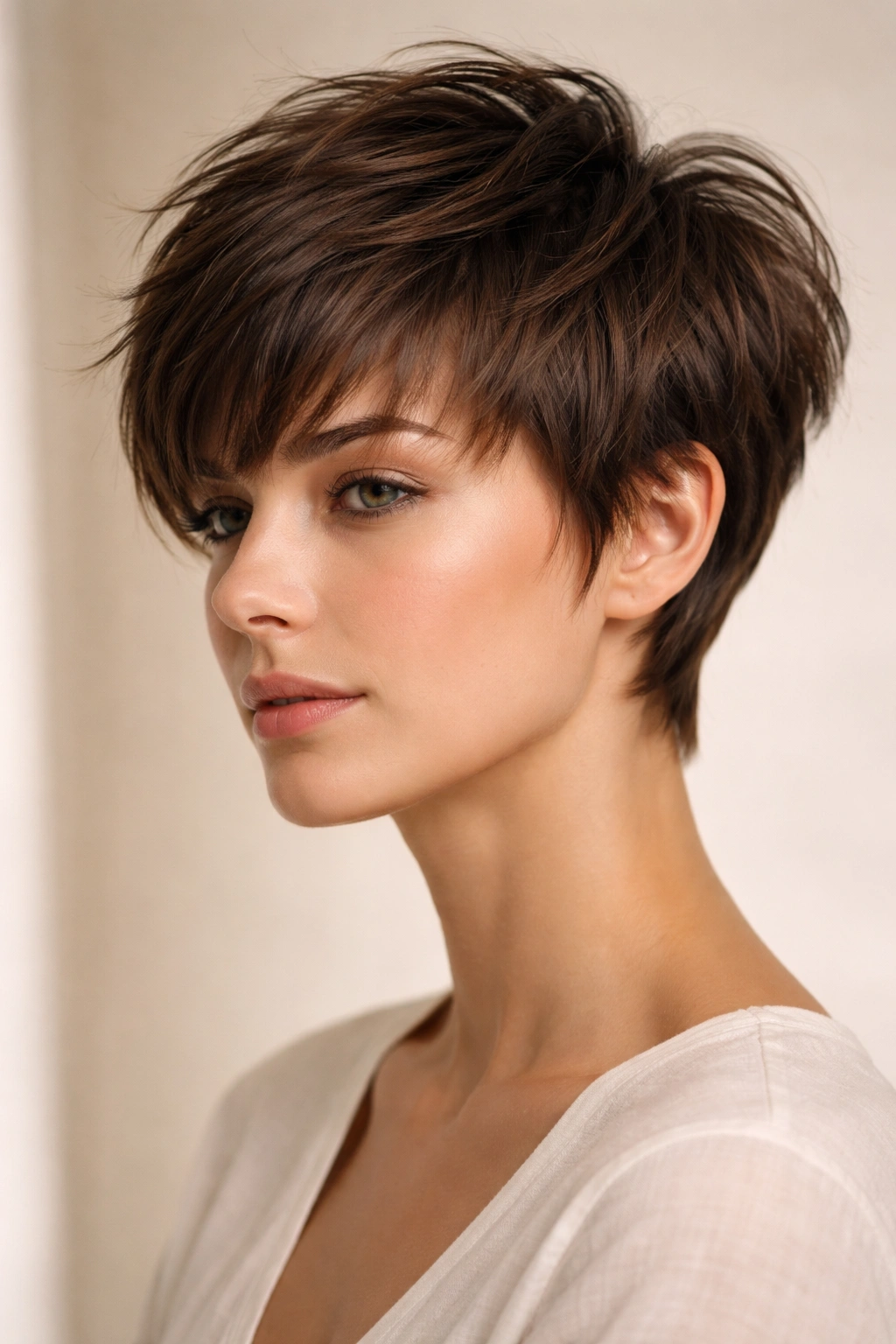 15 Flattering Haircuts For Women With Long Faces 3 Close-up of layered pixie with textured bangs showing a horizontal forehead break