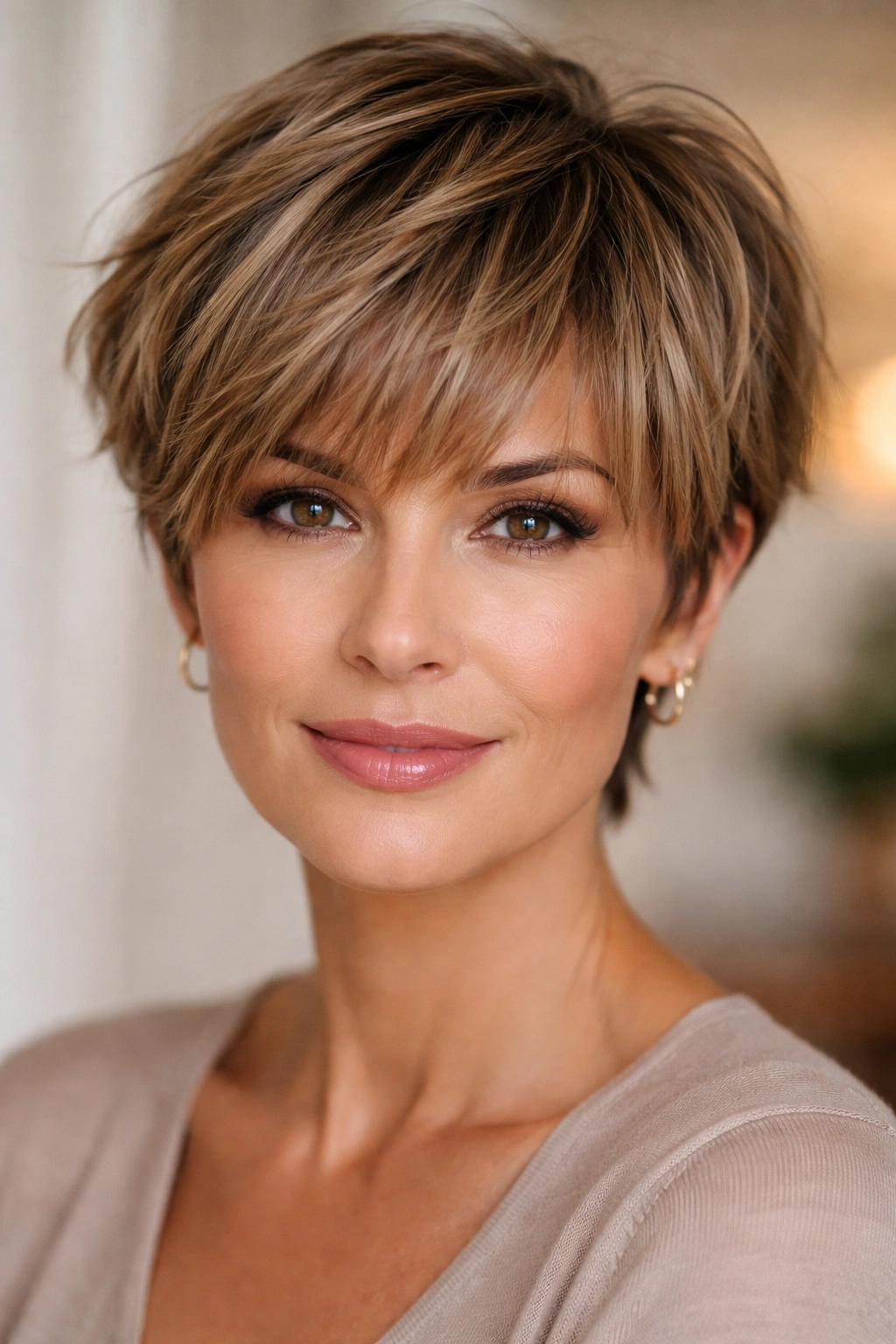 12 Pixie Cuts That Look Stunning In Your 40s 4 Frontal portrait of layered pixie with 2–3 inch bangs blending into feathered layers.