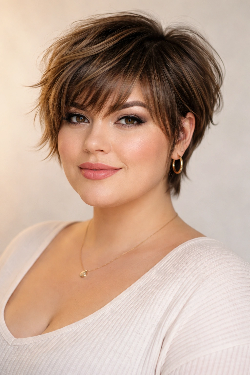 15 Flattering Short Haircuts For Plus Size Women 11 Portrait of a person with layered pixie and bangs, eye-framing and stylish.