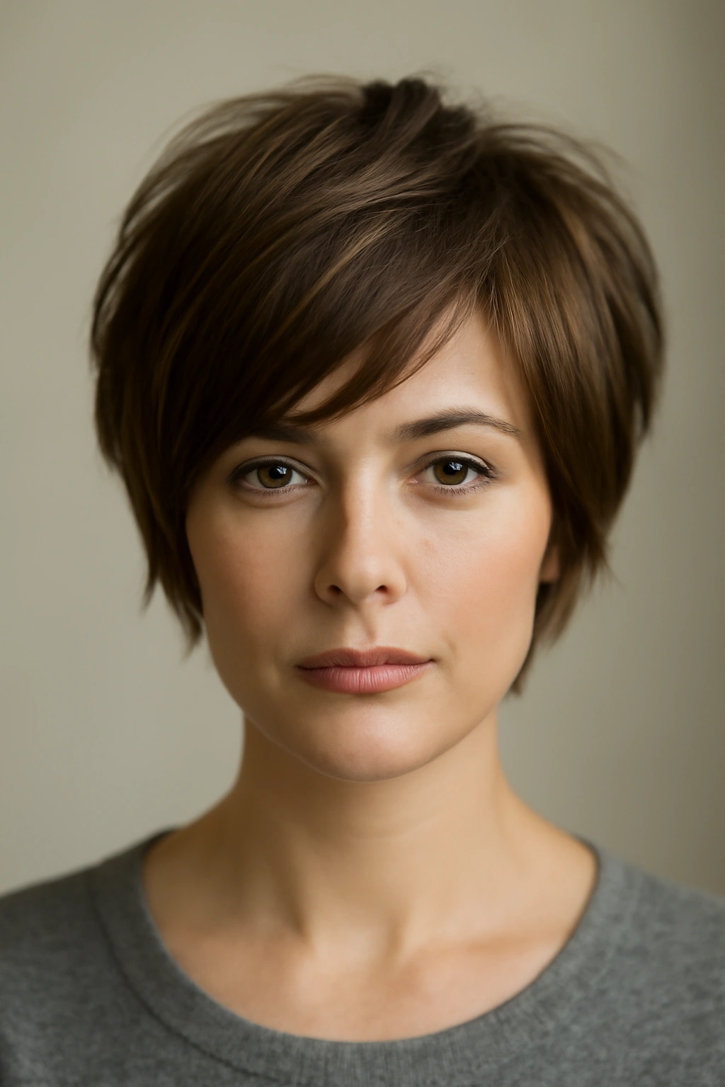 12 Short Haircuts Shaped For A Diamond Face 1 Close-up of The Layered Pixie Bob showcasing crown volume and face-framing layers.