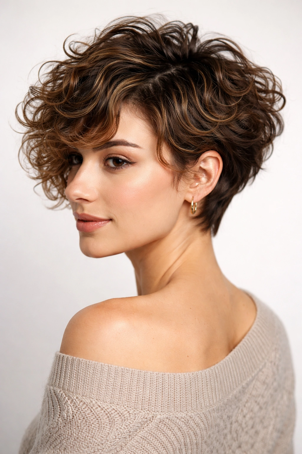 Layered pixie bob showing short top layers and longer back with curly texture