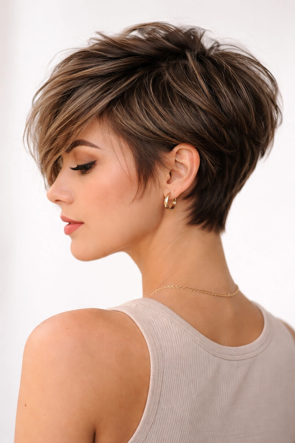 Layered pixie-bob hybrid with mid-length top and textured layers