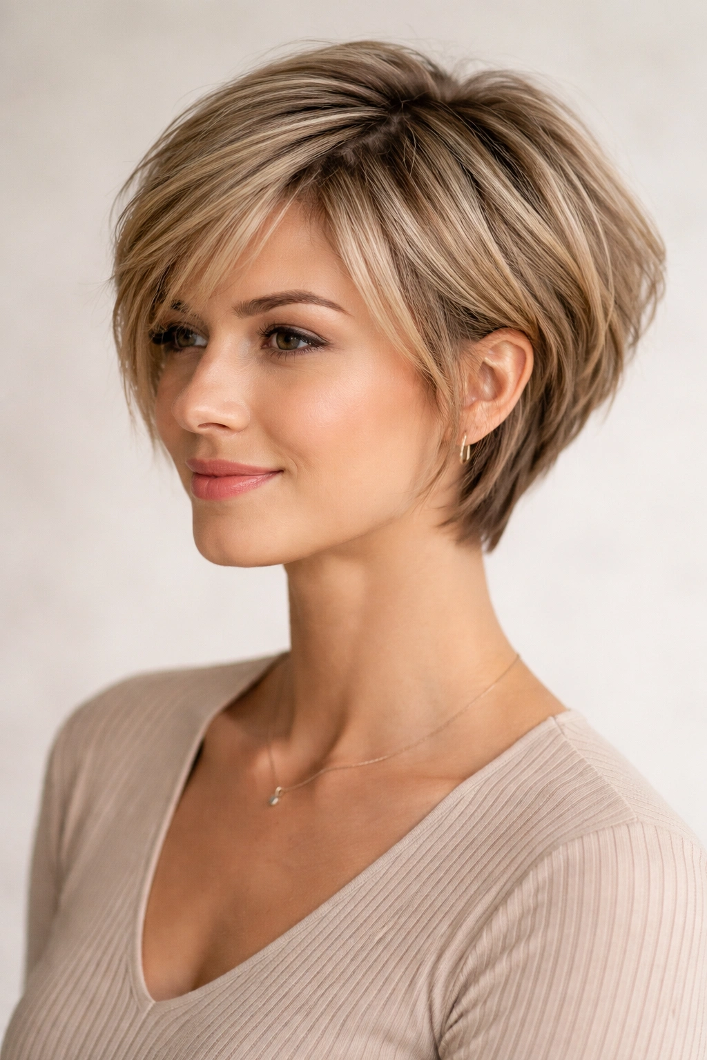 Portrait of layered pixie-bob hybrid showing lift and movement from layered crown to collar-length.