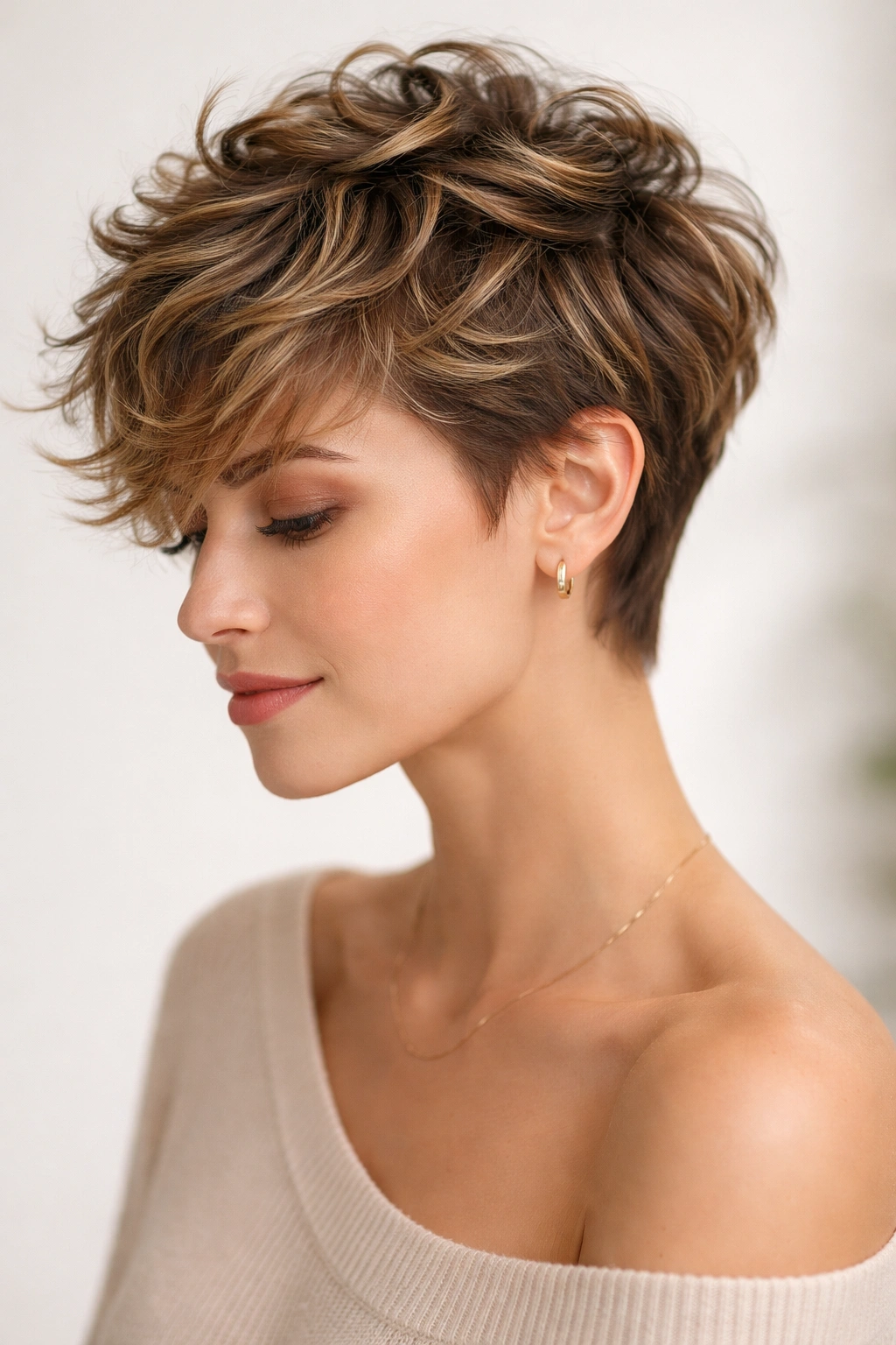 Close-up of layered wavy pixie crop showing crown to perimeter layering