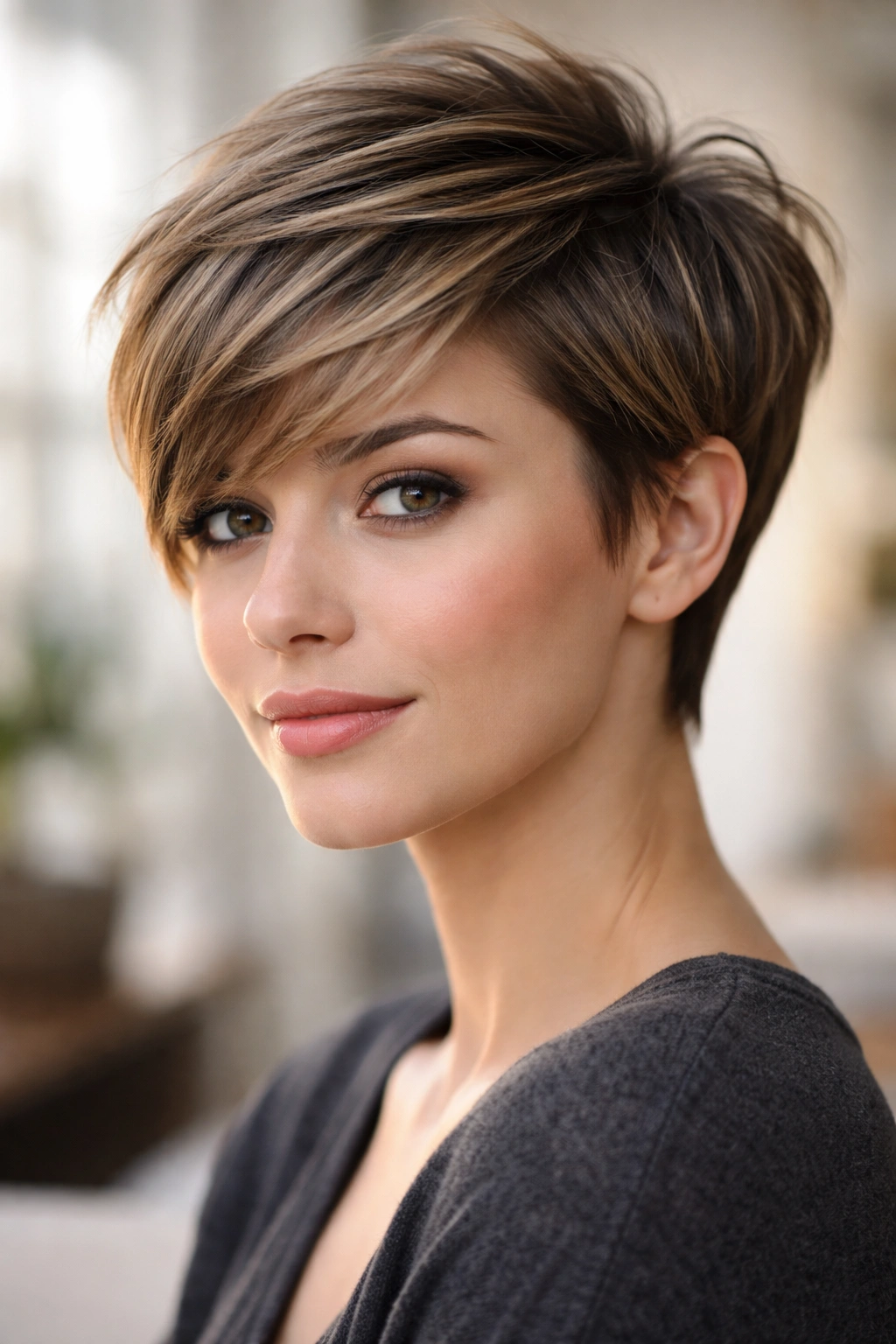 Pixie with layered crown and longer top pieces showing texture