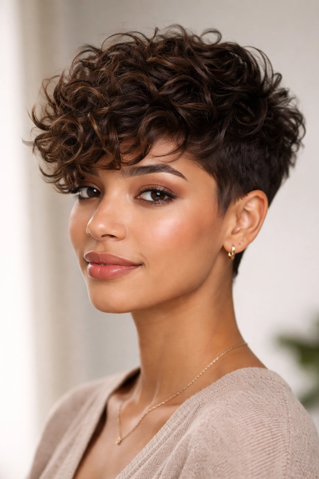 Close-up of The Layered Pixie cut showing layered top and tapered sides on curly hair