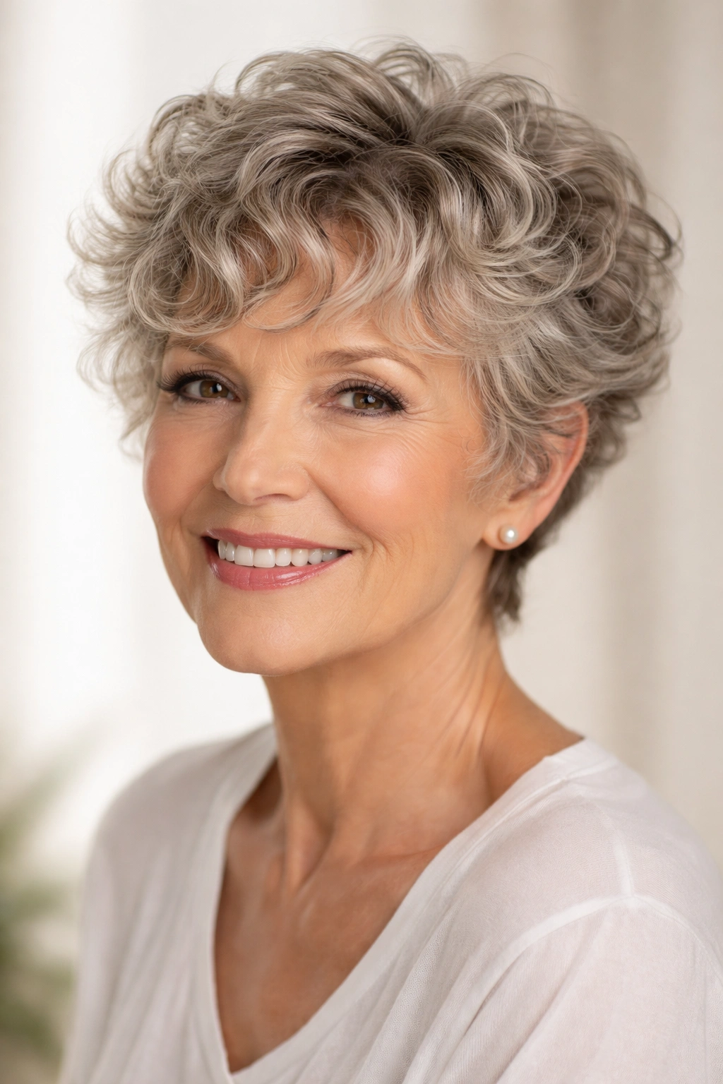 Layered pixie with curly bangs on a curly-haired woman