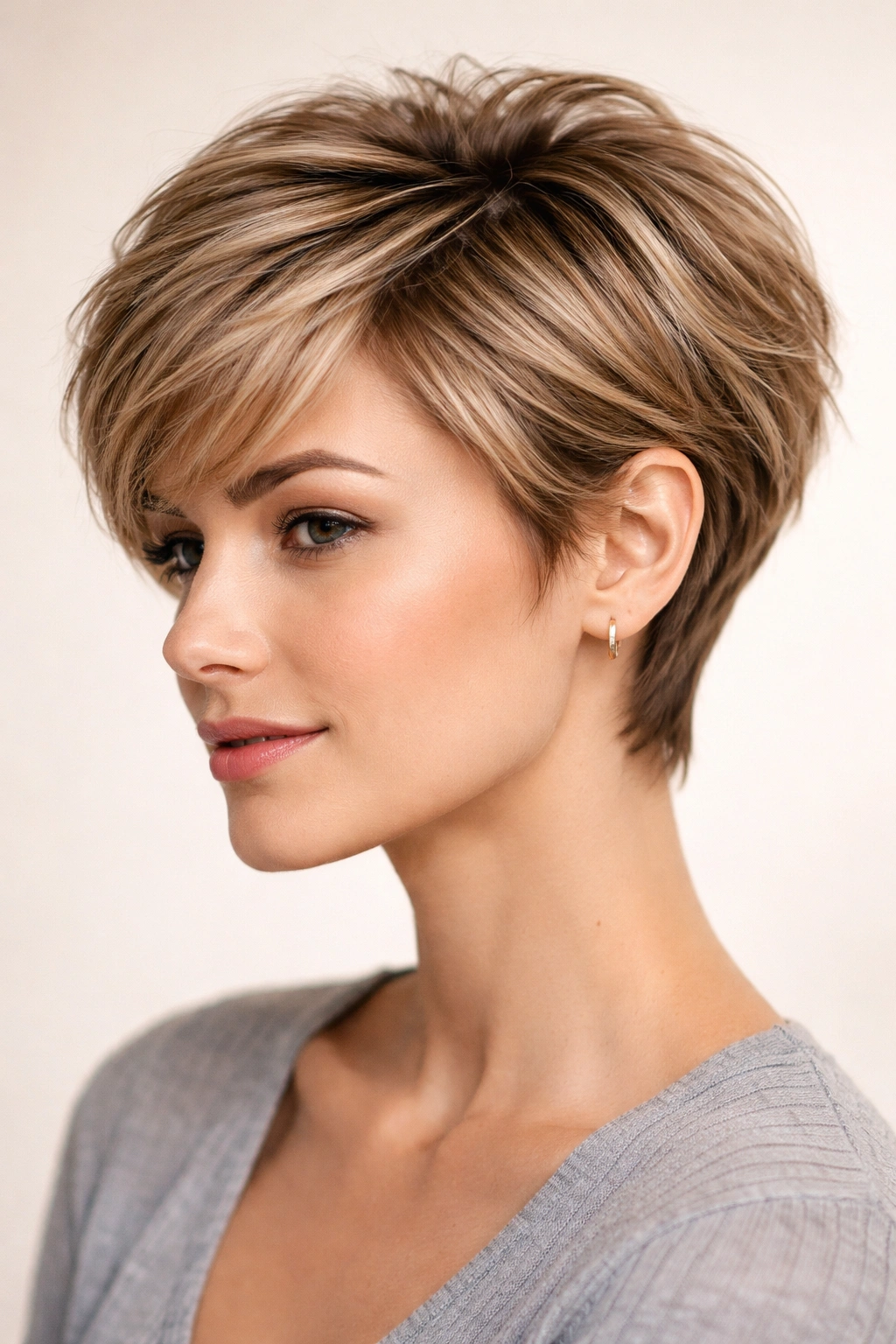 Close-up portrait of layered pixie cut with crown and side layers for volume
