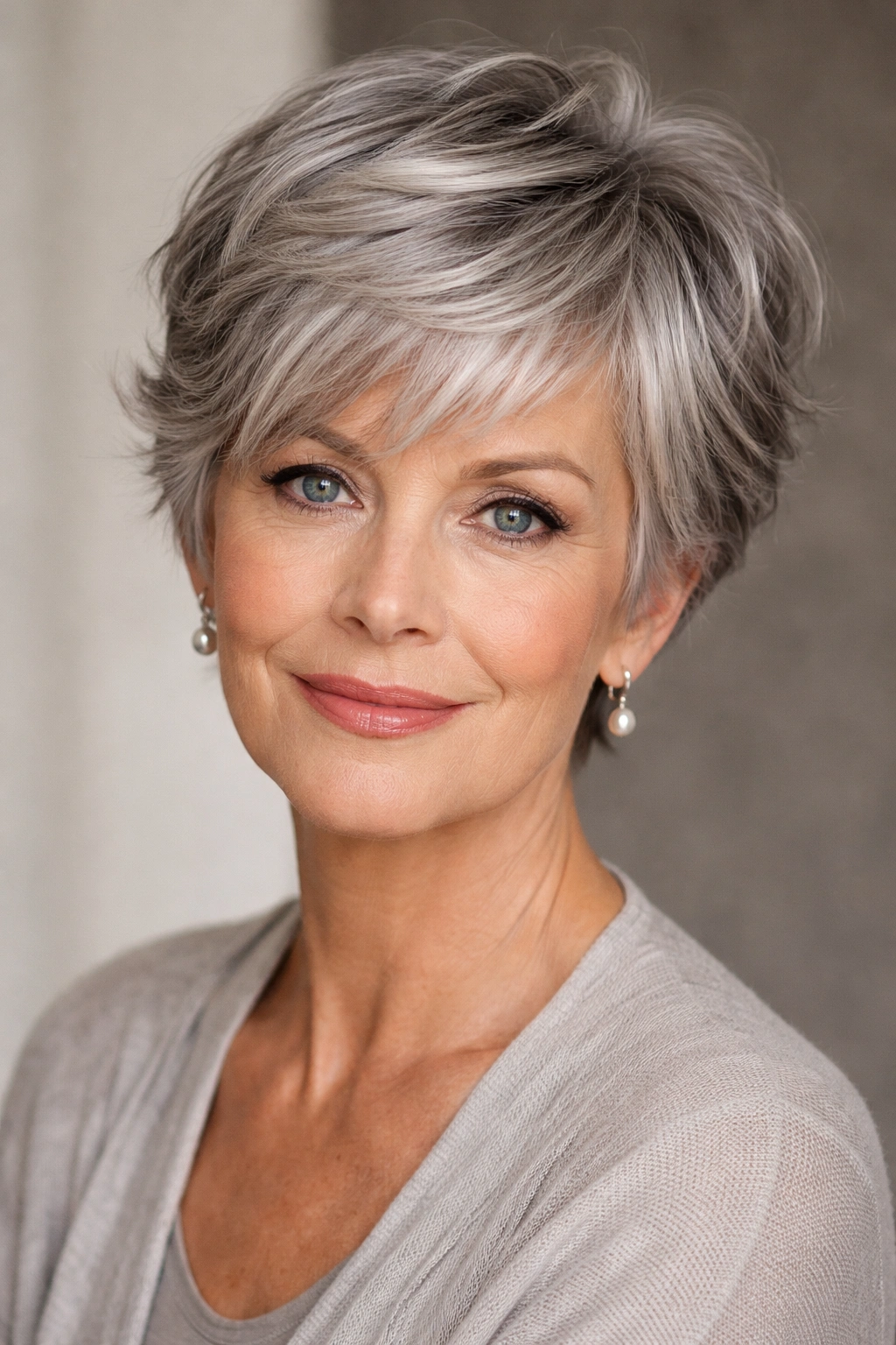 Close-up portrait of a woman with layered pixie cut and silver-gray hair.