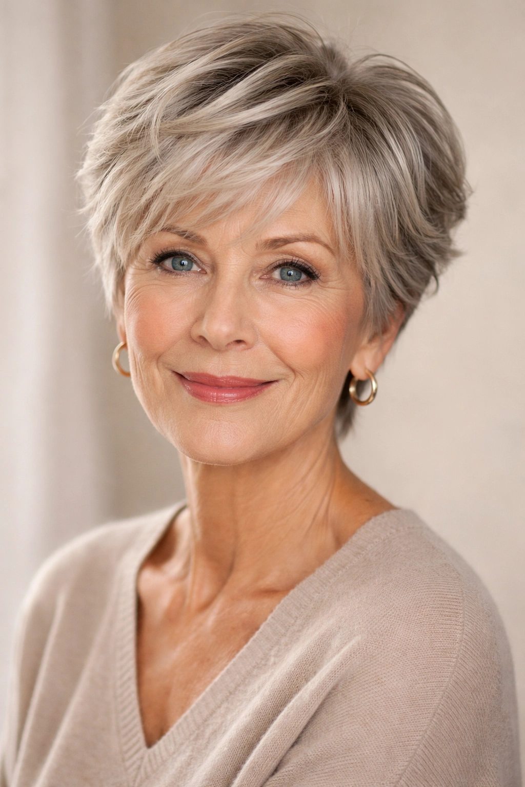 15 Hairstyles That Look Gorgeous On Women Over 70 1 Close-up of an older woman with layered pixie cut showing textured layers and volume