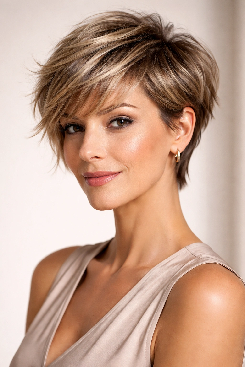 Close-up of a layered pixie cut showing texture and lift
