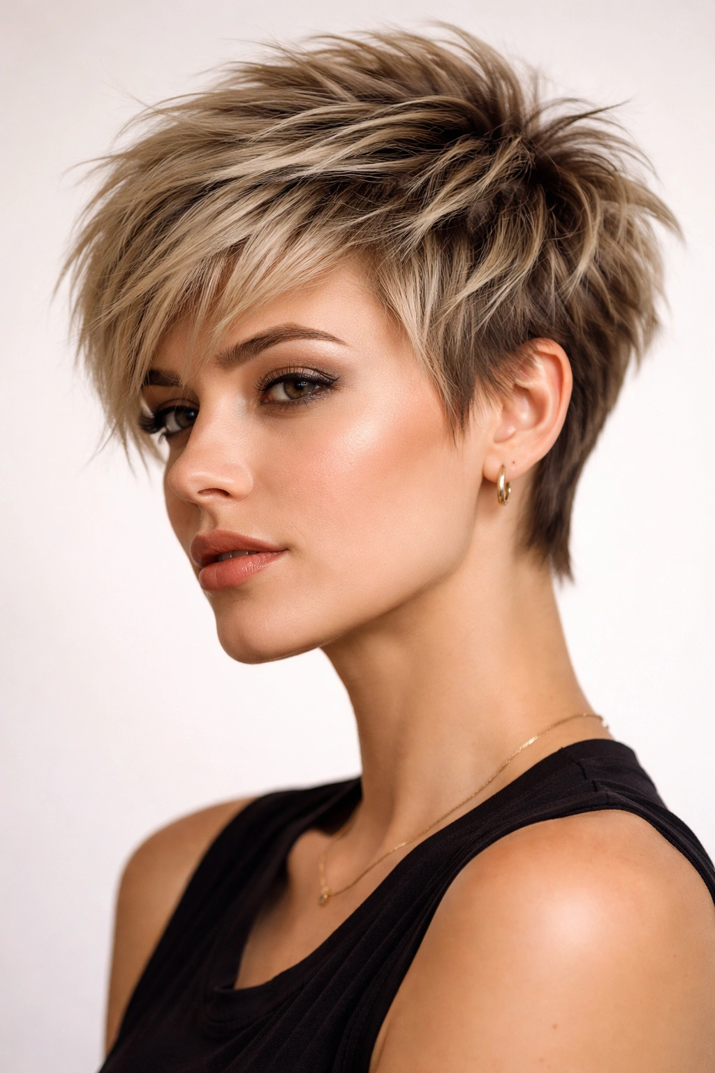 Portrait of a person with a layered choppy pixie showing multi-layer texture and movement.