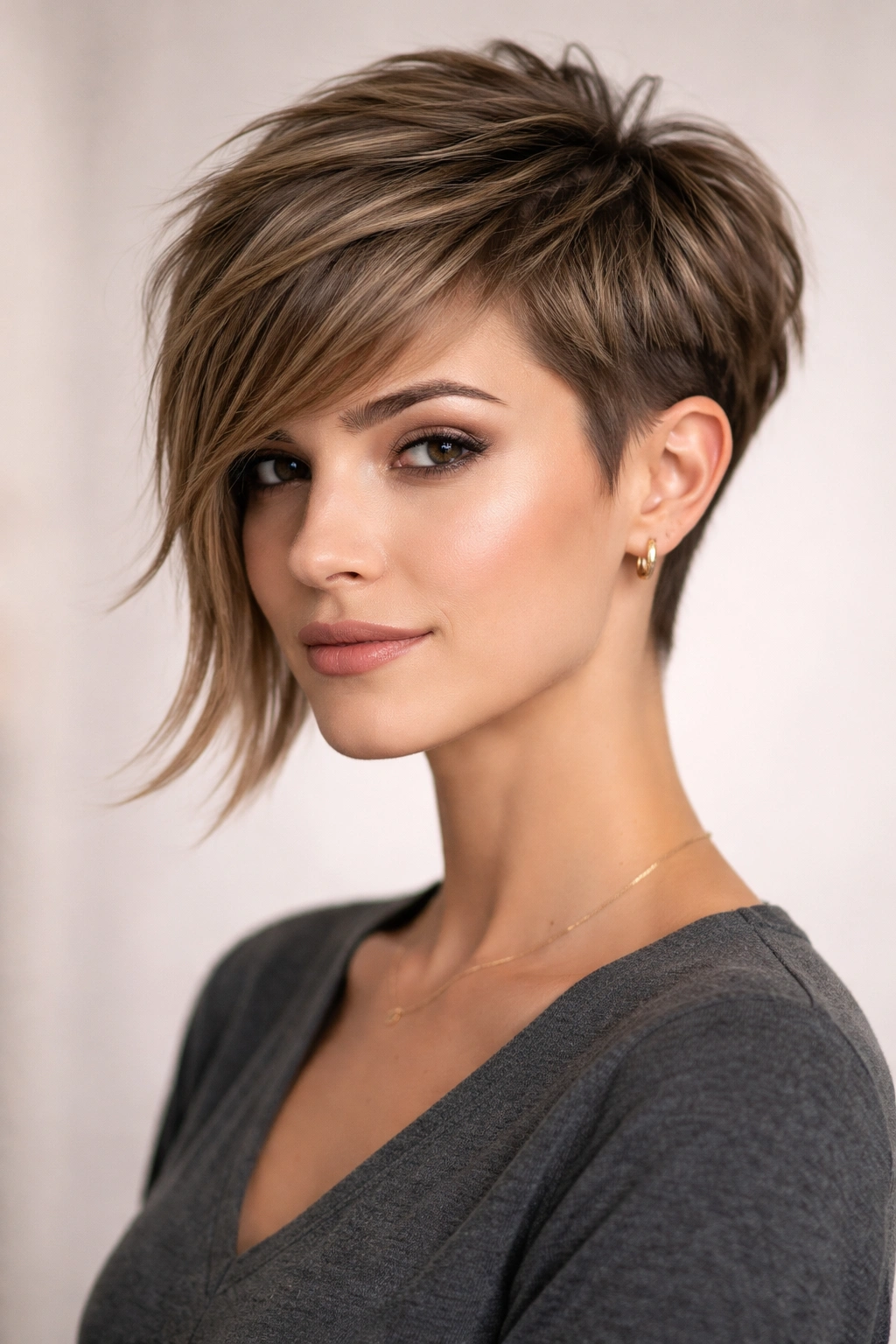 Layered pixie with extended side showing short back and long side behind the ear