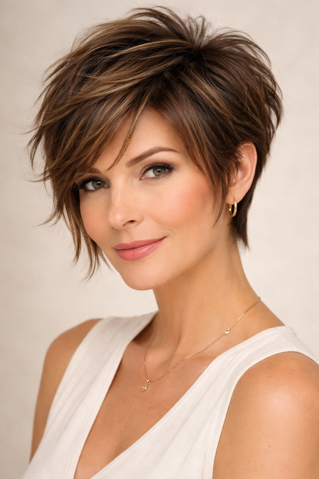 Layered pixie with face-framing pieces on thick hair