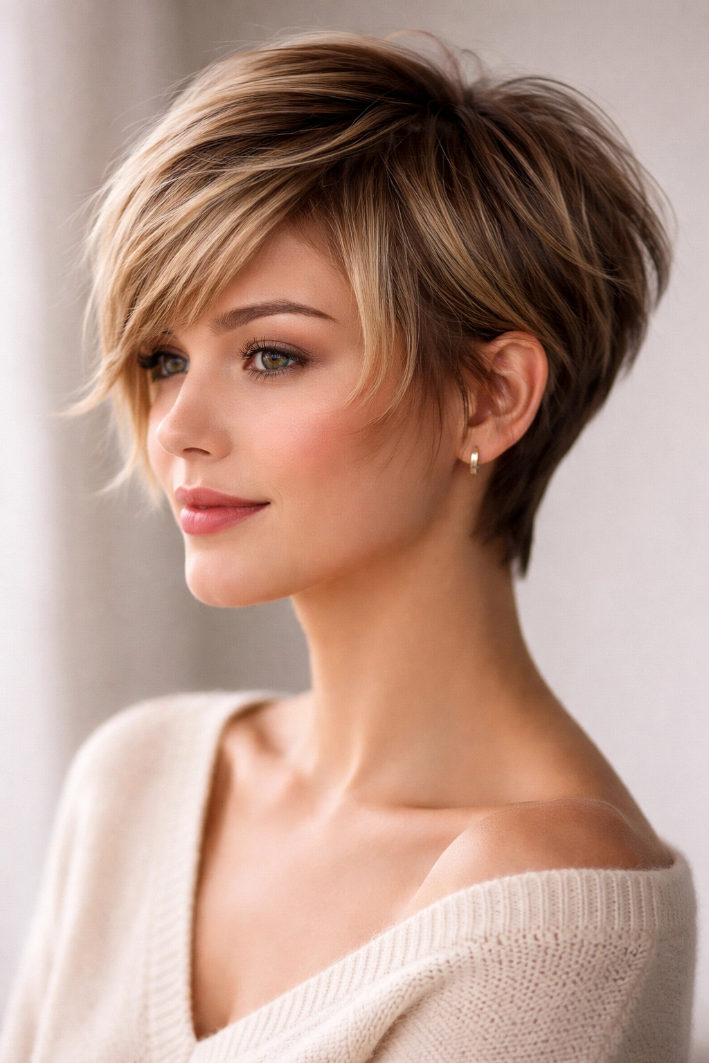 Face-framing Layered Pixie with Longer Front Pieces close-up showing front layers
