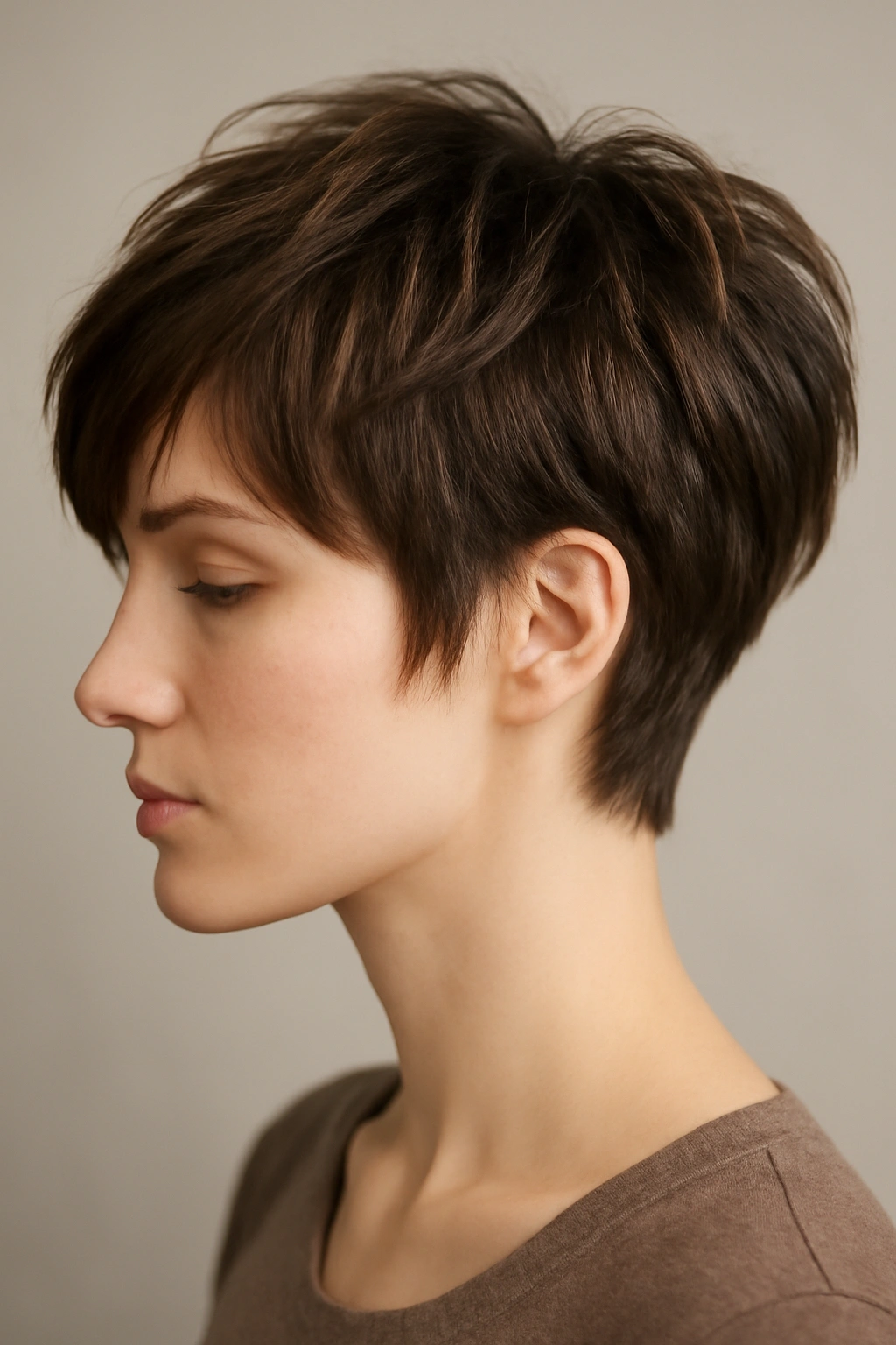 Close-up side profile of layered pixie cut with textured movement