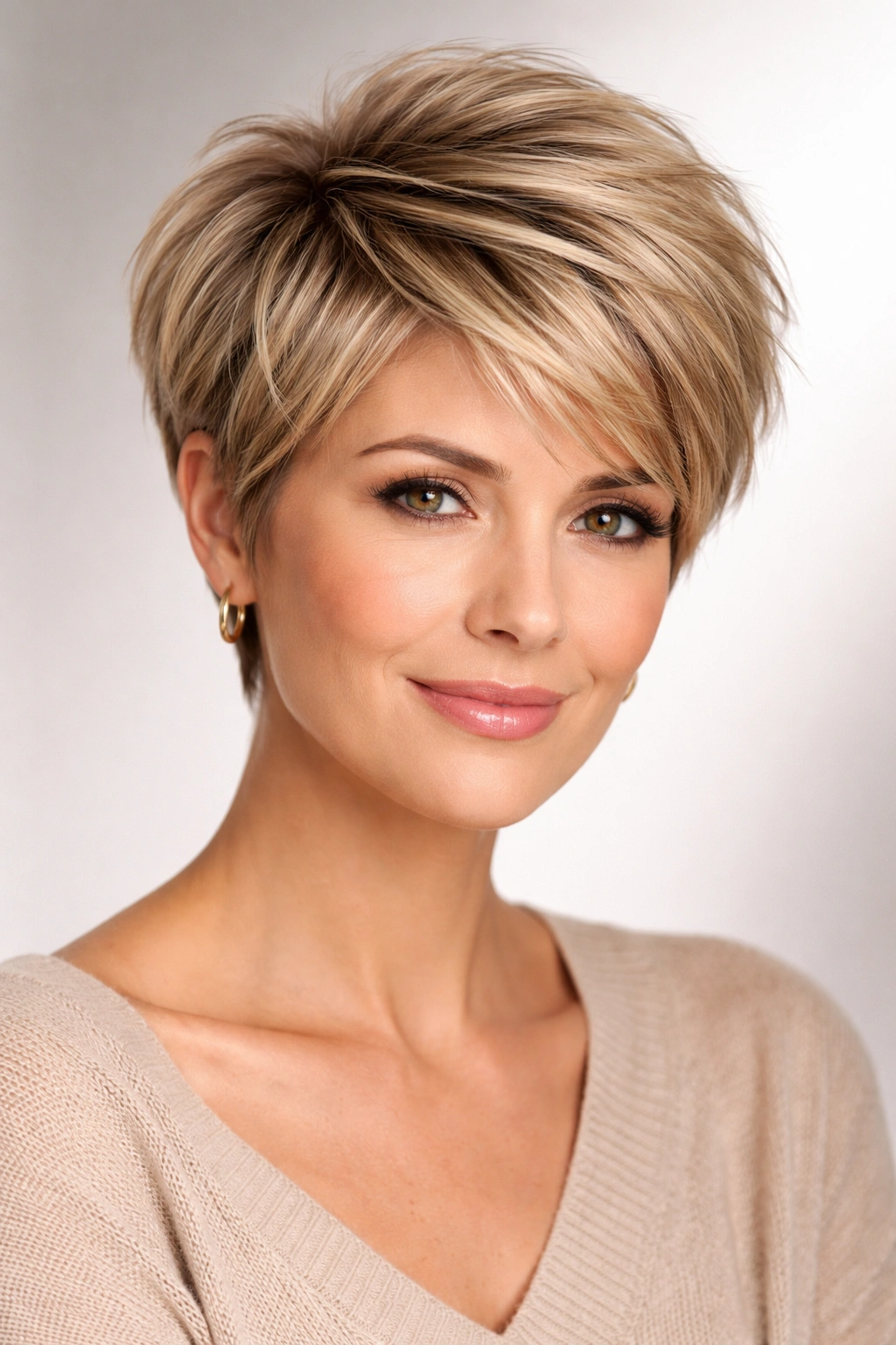 Portrait of a layered pixie haircut with crown lift.
