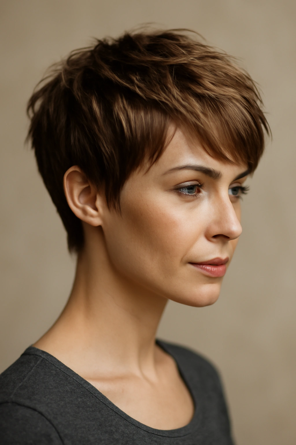 25 Short Hairstyles That Will Instantly Upgrade Your Look 2 Close-up of layered pixie cut showing texture and movement