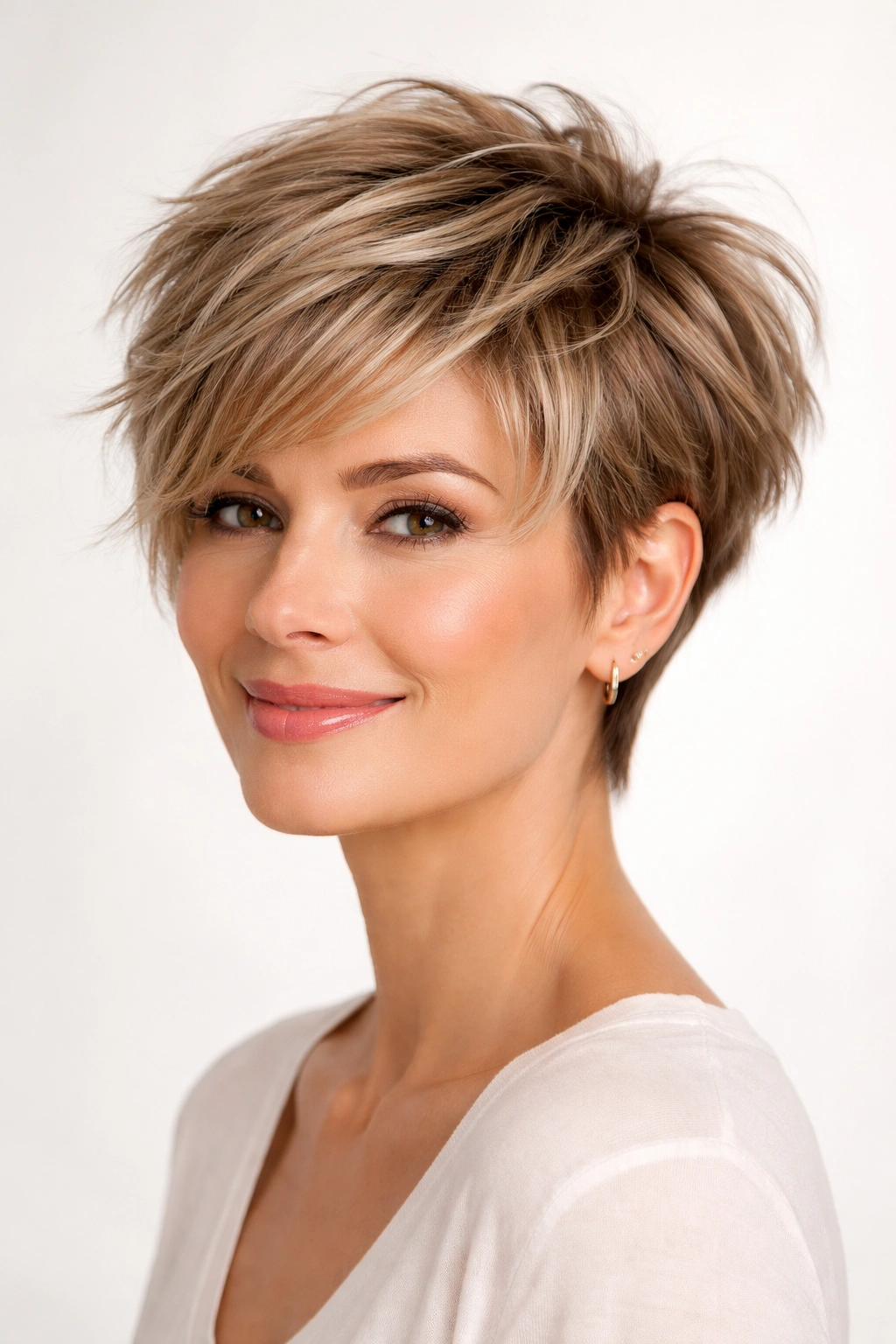 Portrait of a person with a layered pixie cut featuring textured top layers.