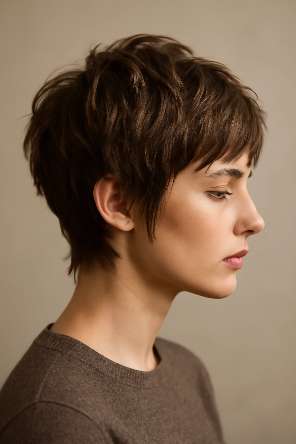 Layered pixie haircut with multiple uneven layers