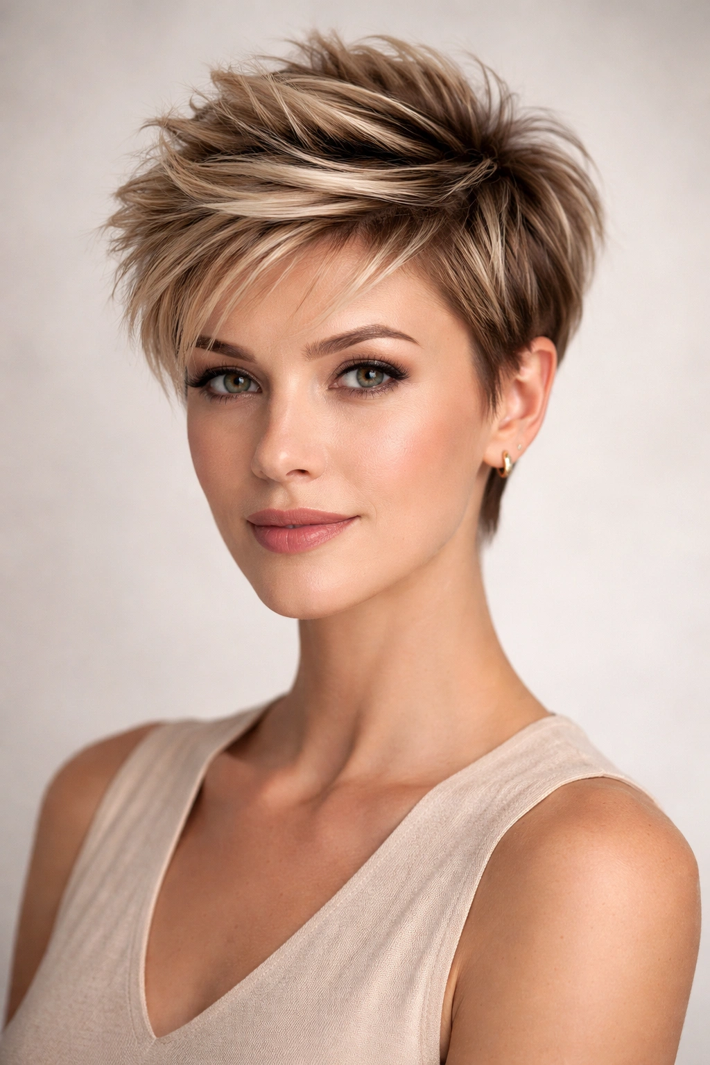 Layered pixie with longer top showing crown volume and short sides