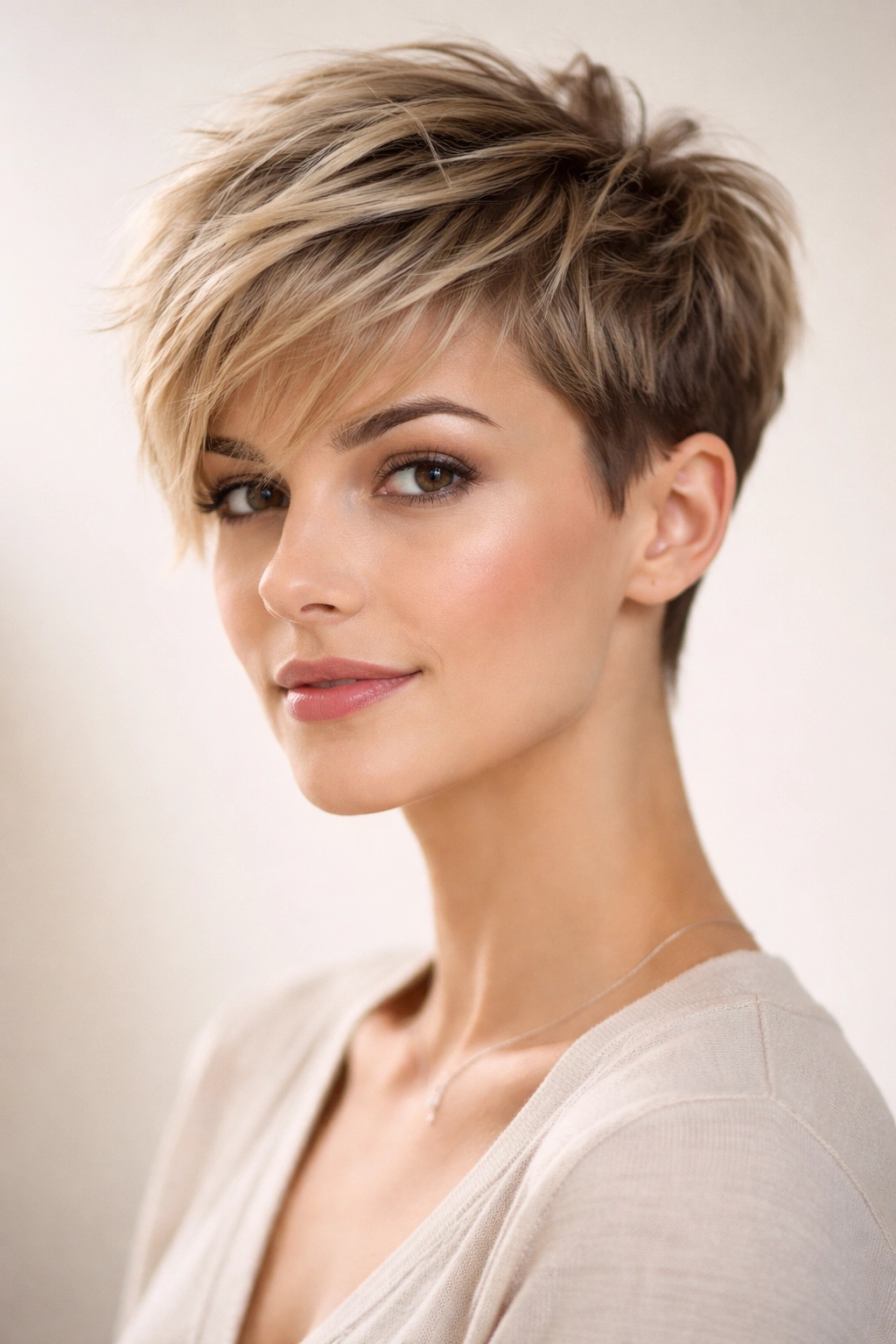 20 Really Short Haircuts Anyone Can Pull Off 27 Portrait of a person with a layered pixie hairstyle featuring a longer crown for volume.
