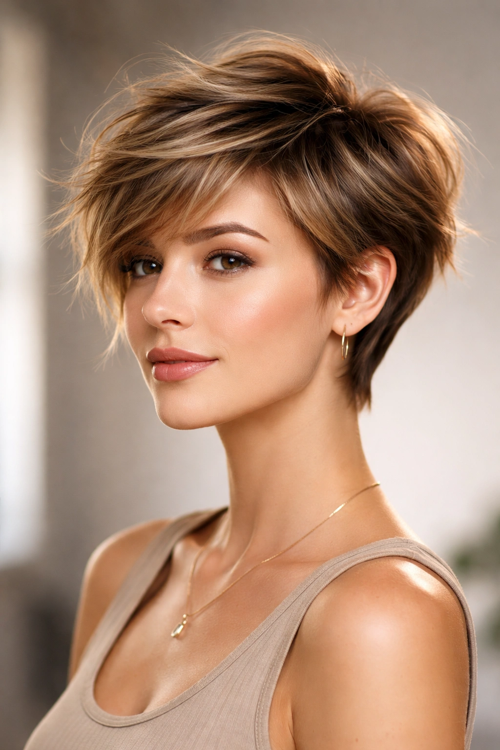 Portrait of a person with a heavily layered pixie showing movement and dimension