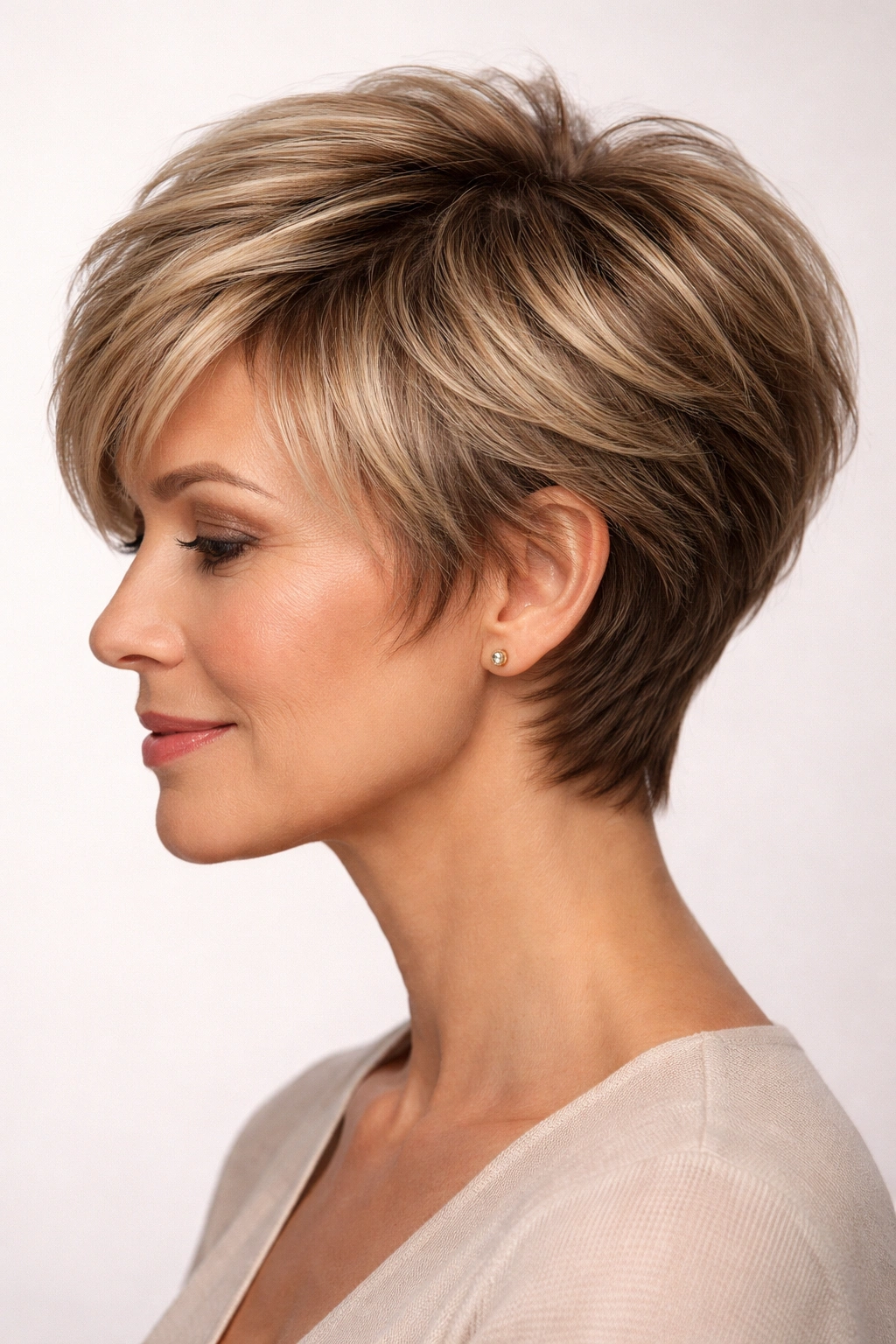 Profile view of layered pixie cut showing feathered layers and volume