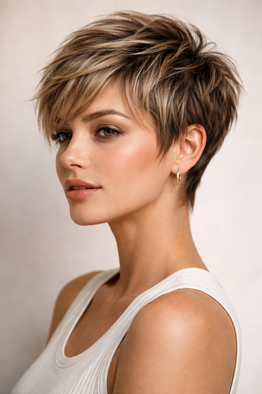 Layered textured pixie crop with varied lengths and visible layers.